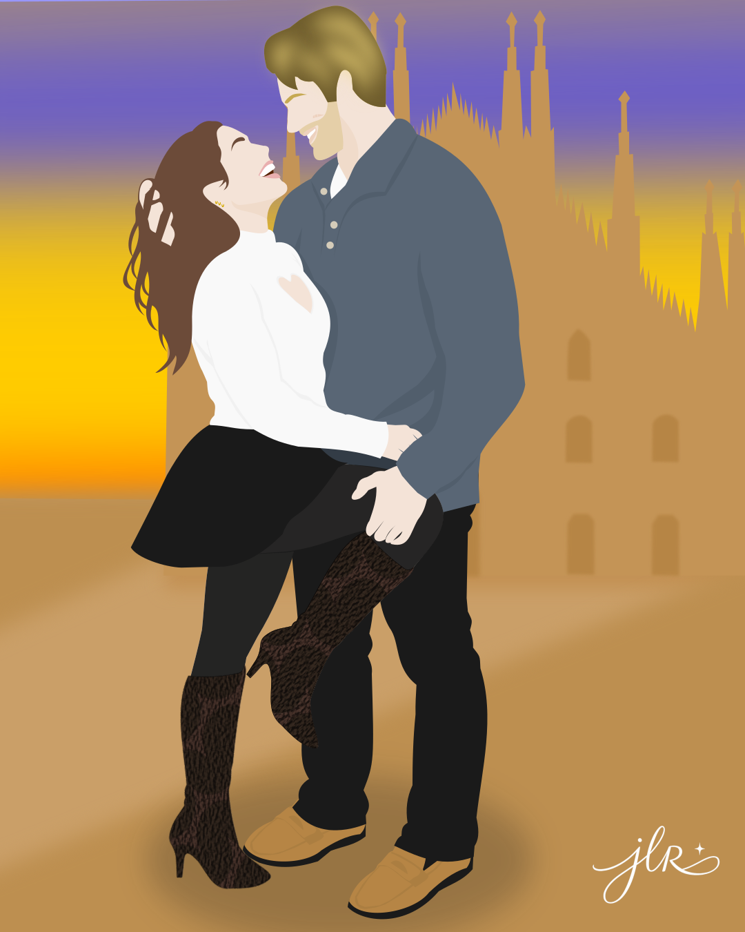 Faceless couple embracing in front of a castle at sunset, smiling at each other in a romantic pose.