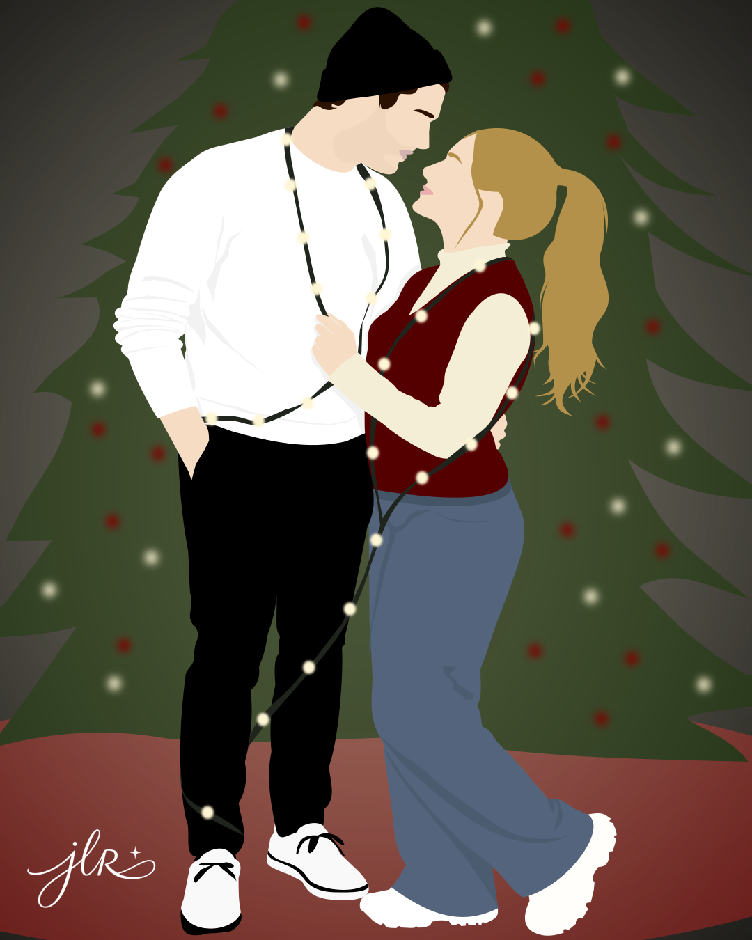 Faceless couple wrapped in Christmas lights standing closely together in front of a decorated Christmas tree.