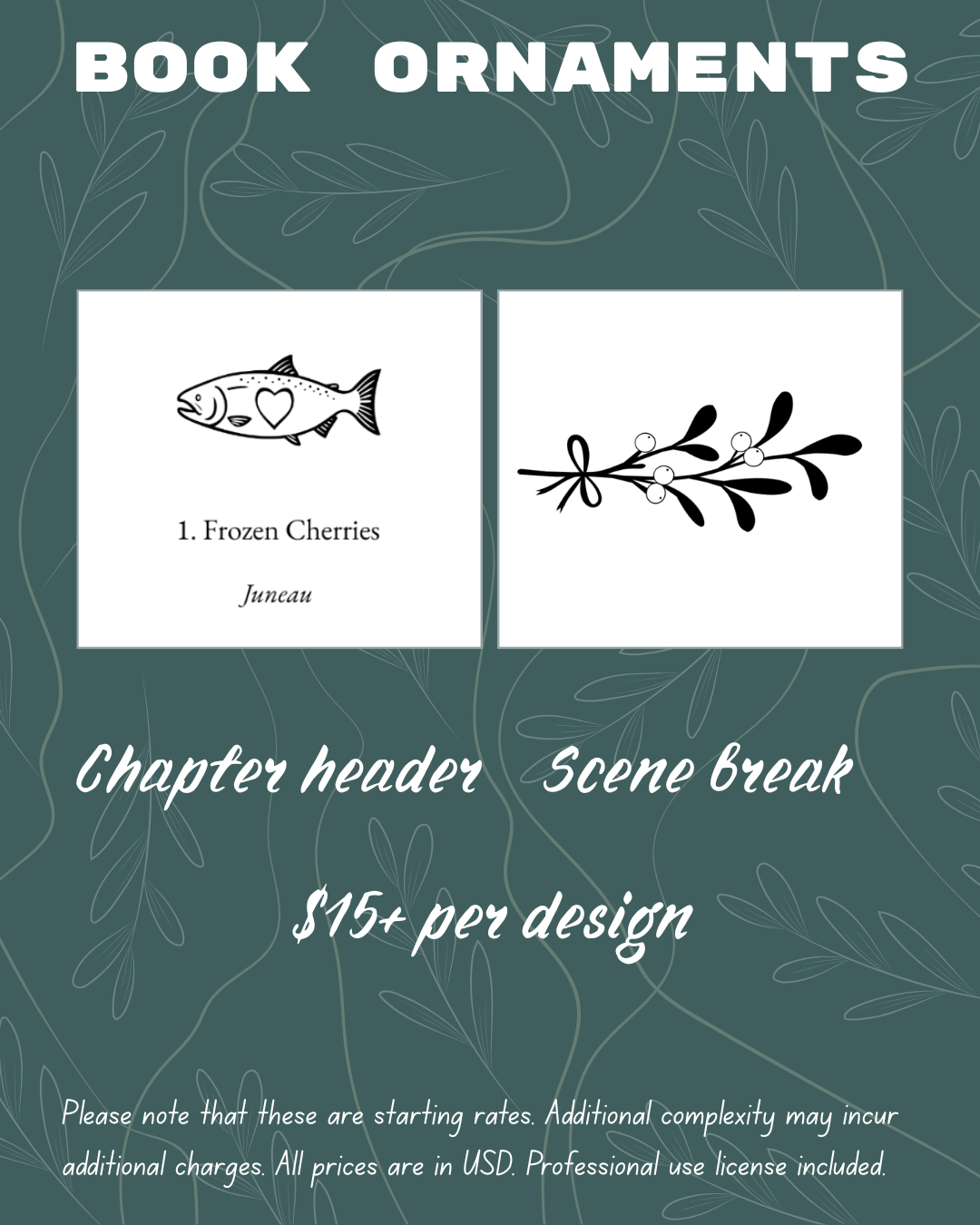 Book ornaments: chapter headers and scene breaks $15+ per design. Professional-use license included.