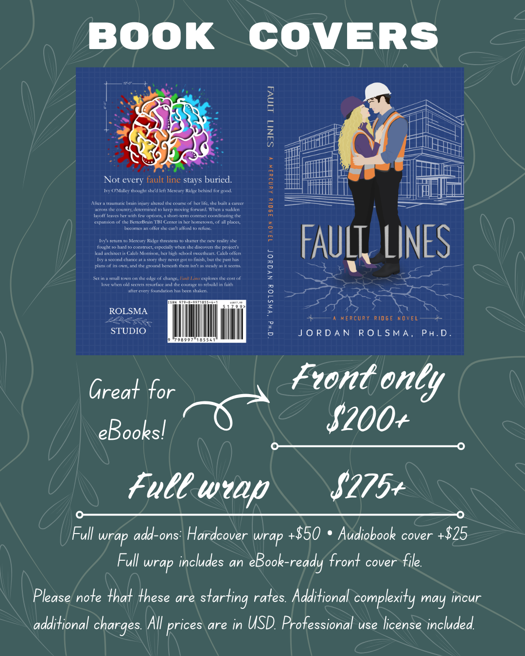 Book covers: front $200+, full wrap $275+, hardcover wrap +$50, audiobook cover +$25.