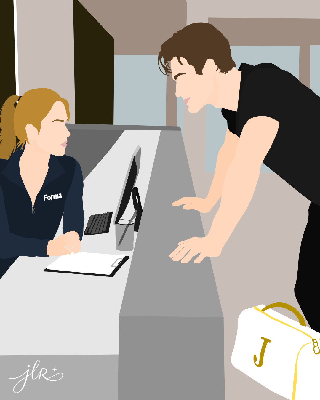 Faceless man leaning over a reception desk to talk with a seated woman beside a computer, clipboard, and duffel bag.