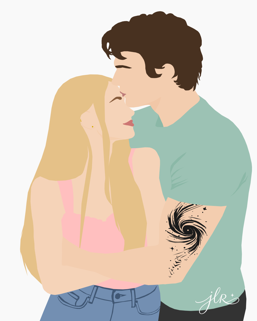 Faceless dark-haired man kissing a blonde woman’s forehead as they embrace against a white background.