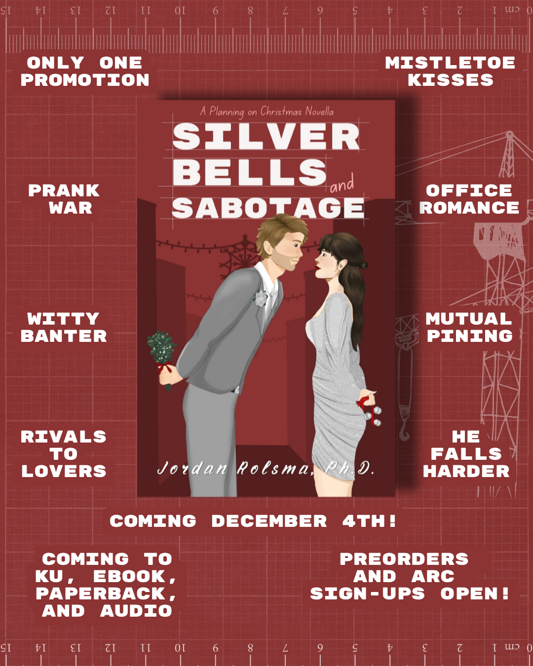 Trope/release-info graphic Silver Bells and Sabotage: rivals to lovers, prank war, witty banter, office romance, mistletoe kisses, and mutual pining. Out Dec. 4.