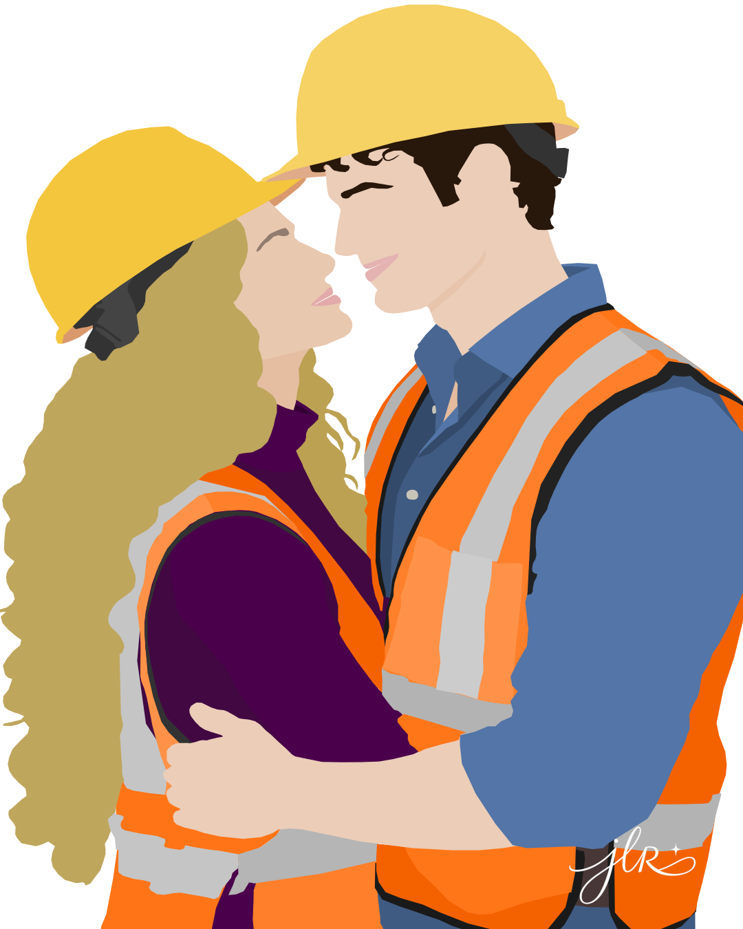 Faceless construction-worker couple embracing in yellow hard hats and orange safety vests against a white background.