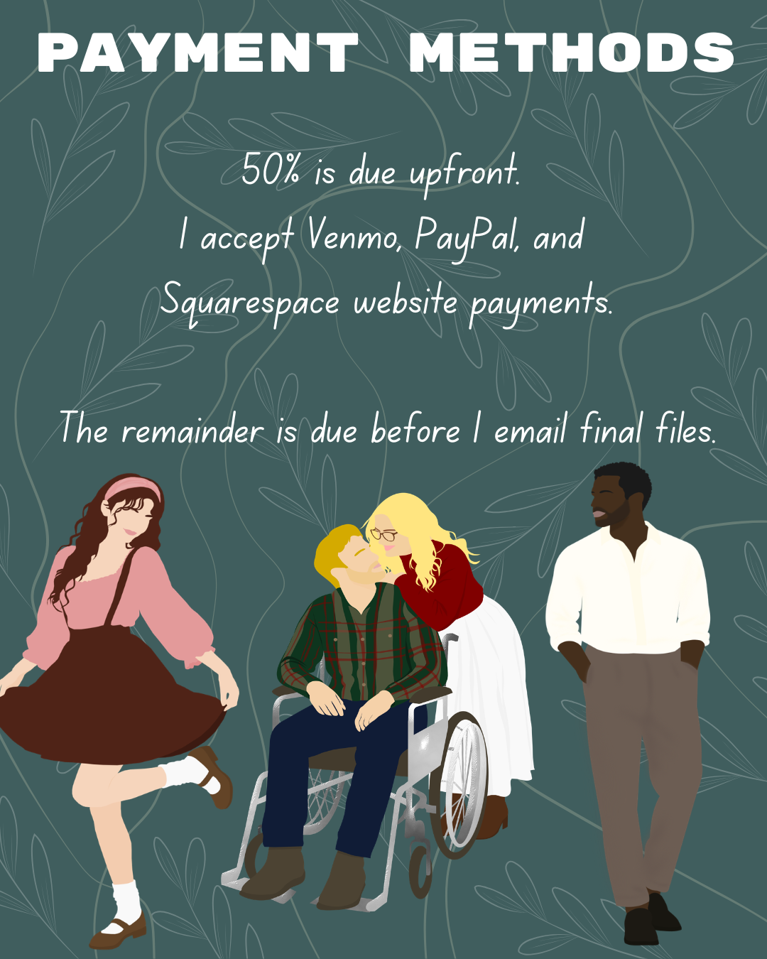 Payments: 50% upfront, 50% before final files. Venmo, PayPal, and Squarespace payments accepted.