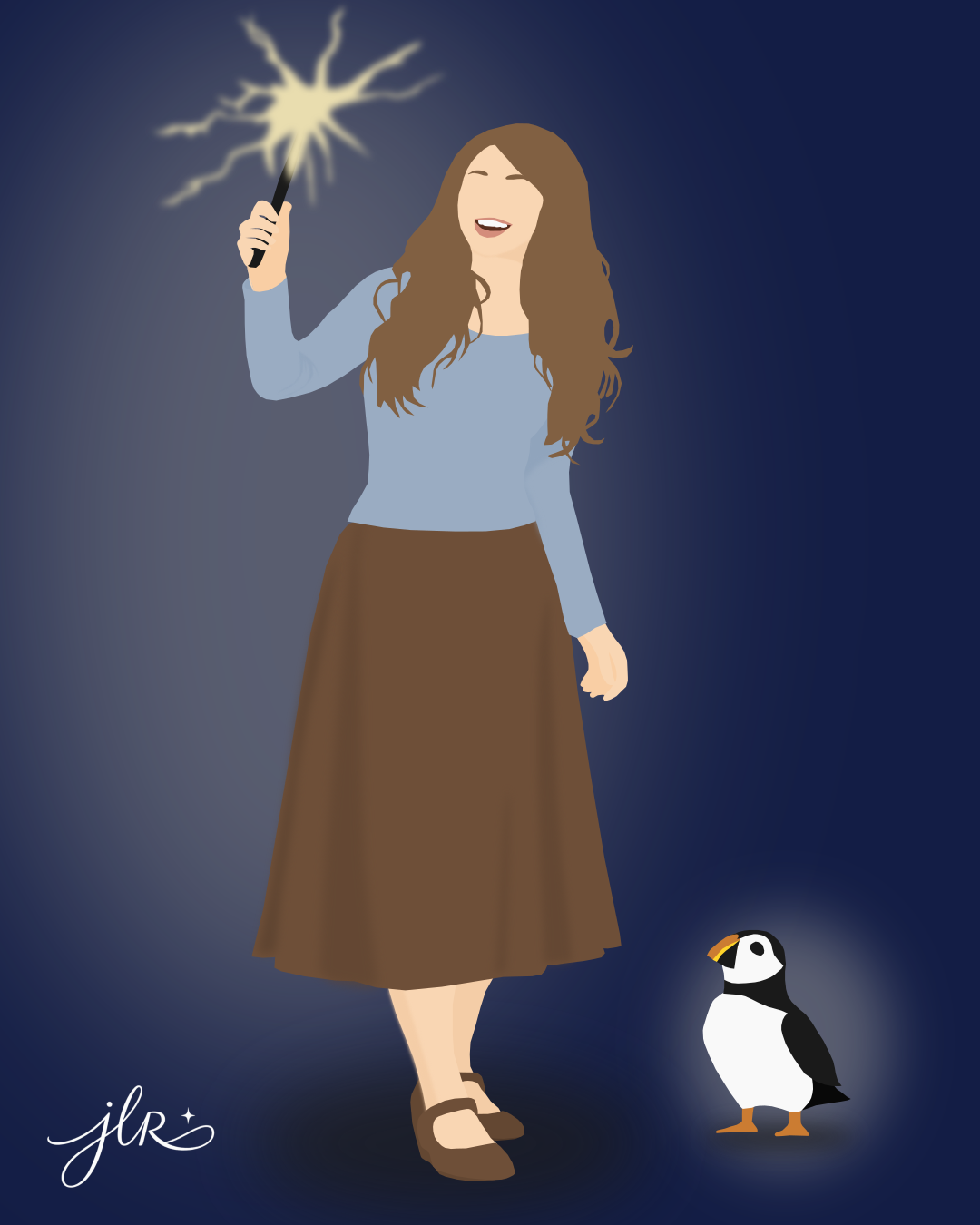 Faceless woman holding a glowing wand beside a small puffin against a deep blue background.