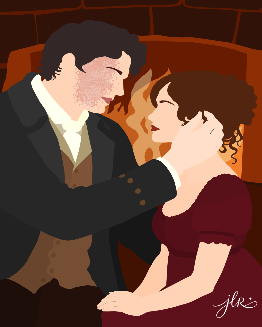 Faceless historical couple sitting by a fireplace, gazing at each other as the man gently holds the woman’s face.