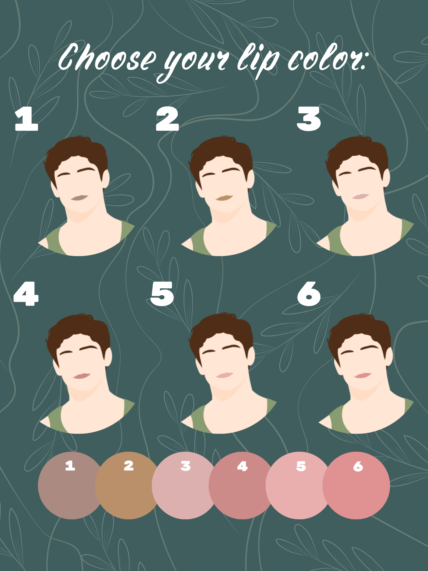 Choose from six lip colors, shown on the same faceless male character in neutral, tan, pink, and rose shades.