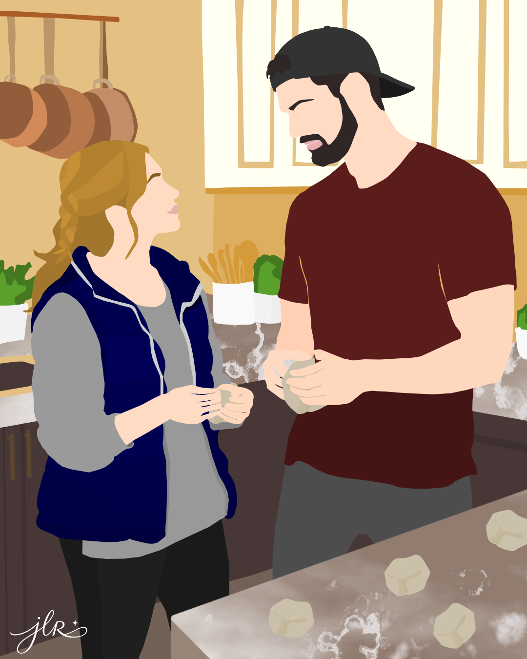 Faceless illustration of a couple in a kitchen shaping dough, a bearded man in a backward cap and red shirt looking down at a woman in a blue vest as they smile at each other, with flour and dough pieces on the counter.