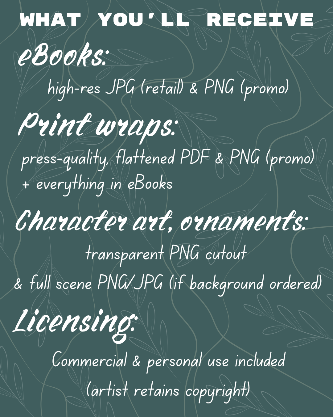 Files you'll receive: eBooks: high-res JPG + PNG. Print wraps: press-quality PDF + PNG + eBook files. Art/ornaments: transparent PNG + PNG/JPG with background. Personal/commercial use included. Artist retains copyright.