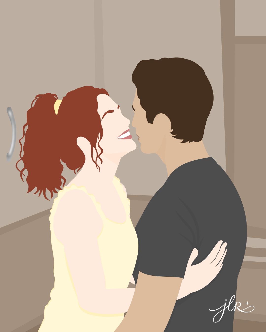 Faceless red-haired woman and dark-haired man standing closely together indoors, smiling as they lean in to kiss.