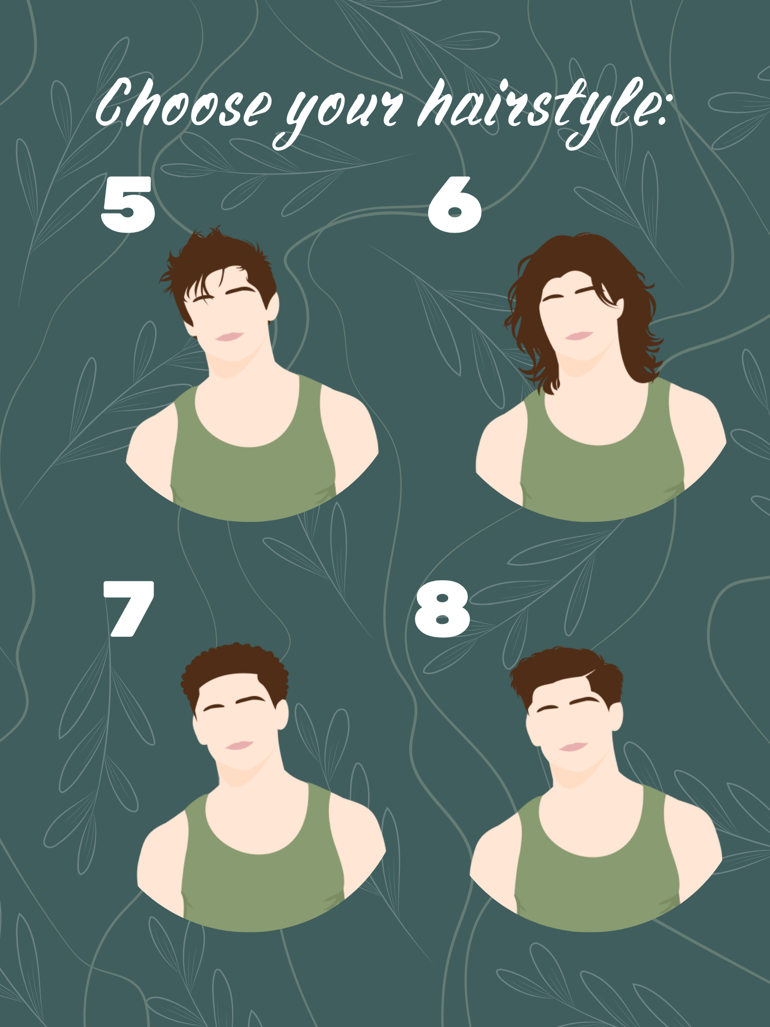 Male hairstyles 5–8: short spiky hair, medium layered hair, short coiled hair, and short side-parted hair.