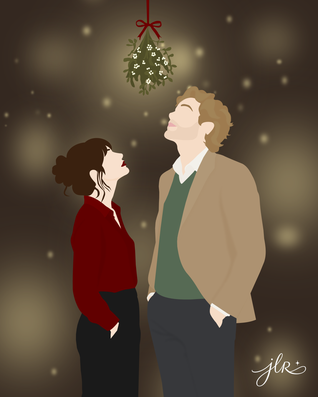 Faceless couple standing beneath mistletoe and glowing lights, looking upward together in a cozy holiday scene.