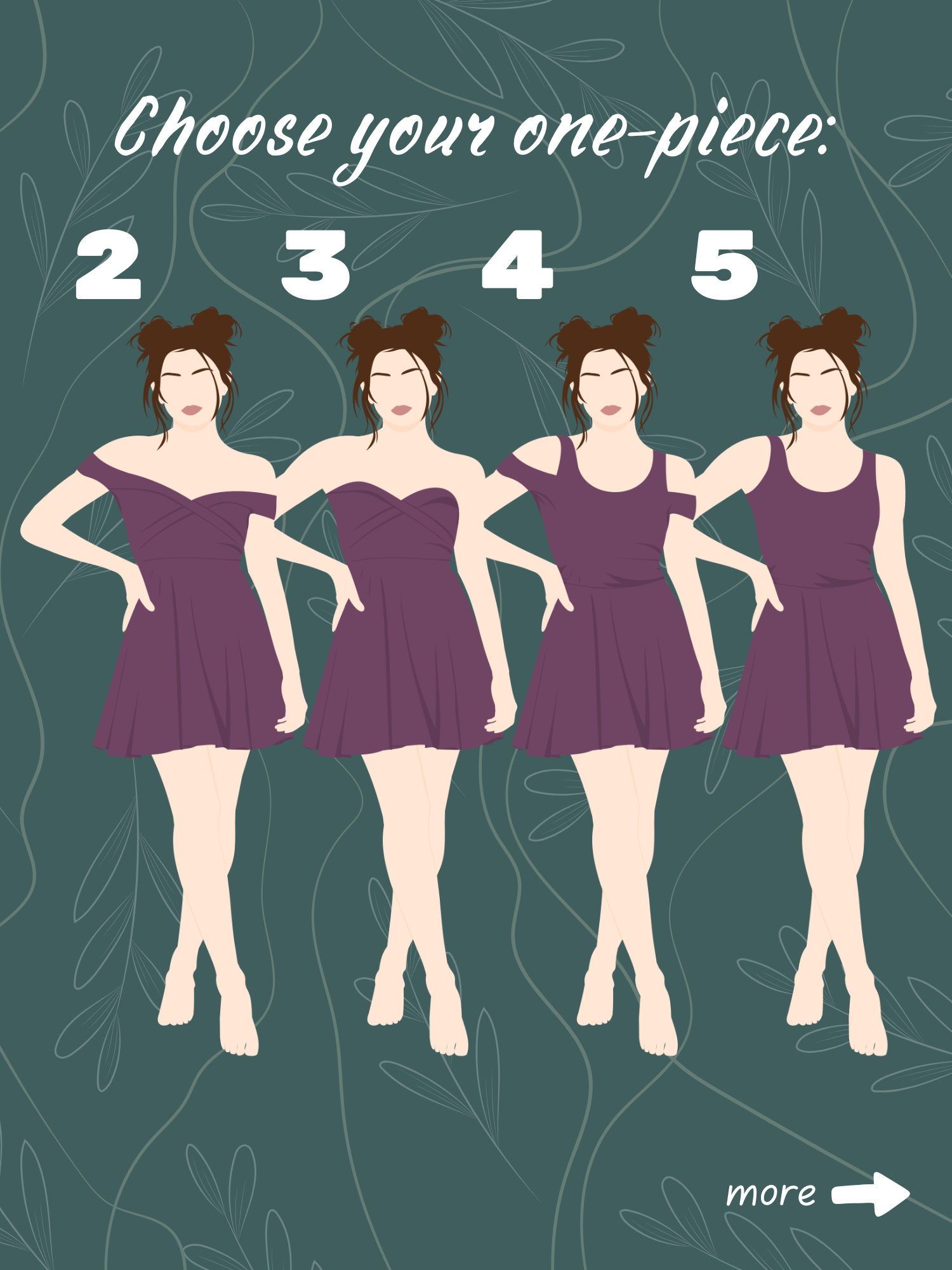 One-piece options 2–5: off-shoulder dress, strapless dress, cold-shoulder dress, and sleeveless scoop-neck dress.