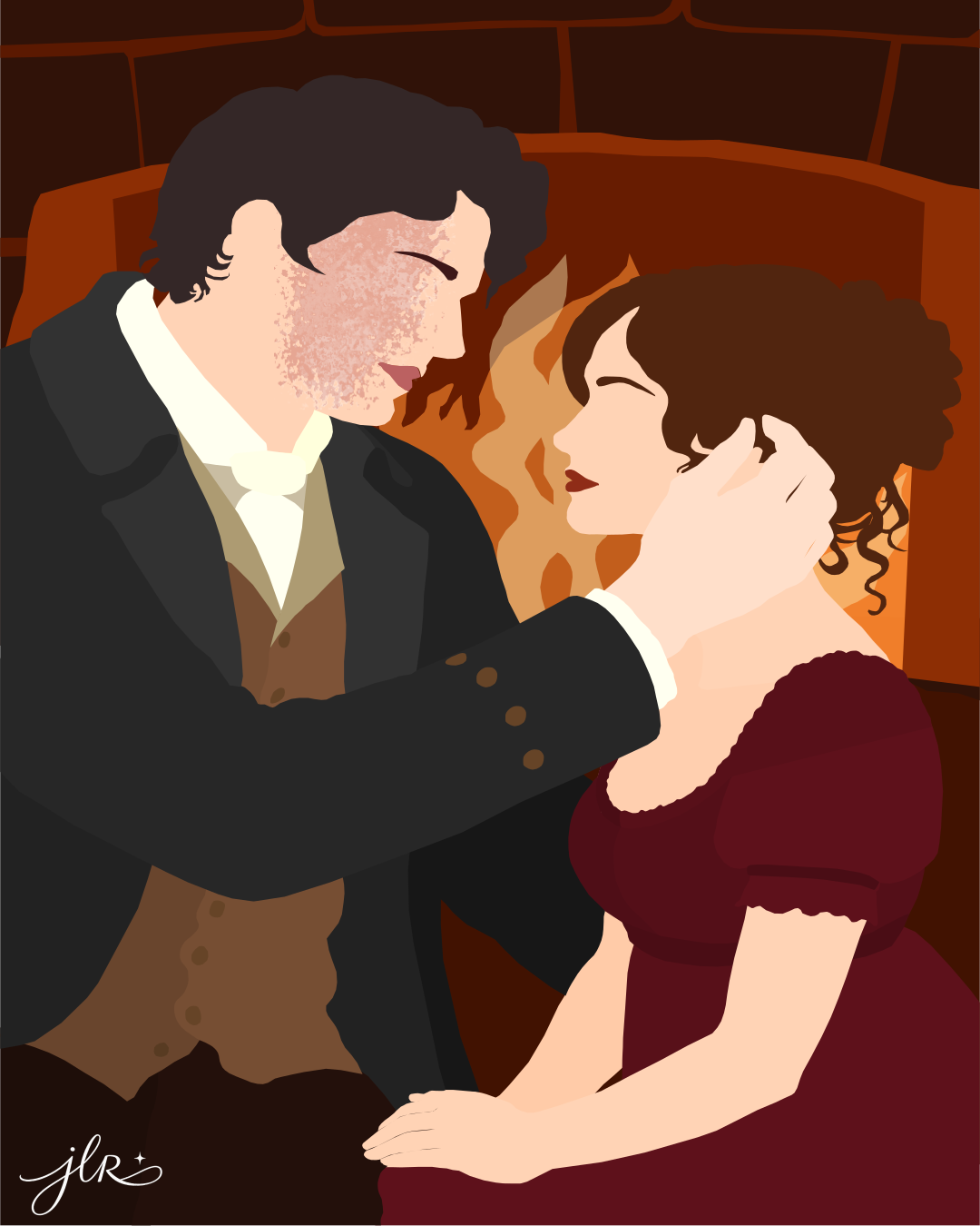 Faceless illustration of a Regency-era couple by a fireplace, a dark-haired, scar-faced man in a black coat gently pushing back the hair of a woman in a deep red dress as they smile at each other in a warm, intimate moment.