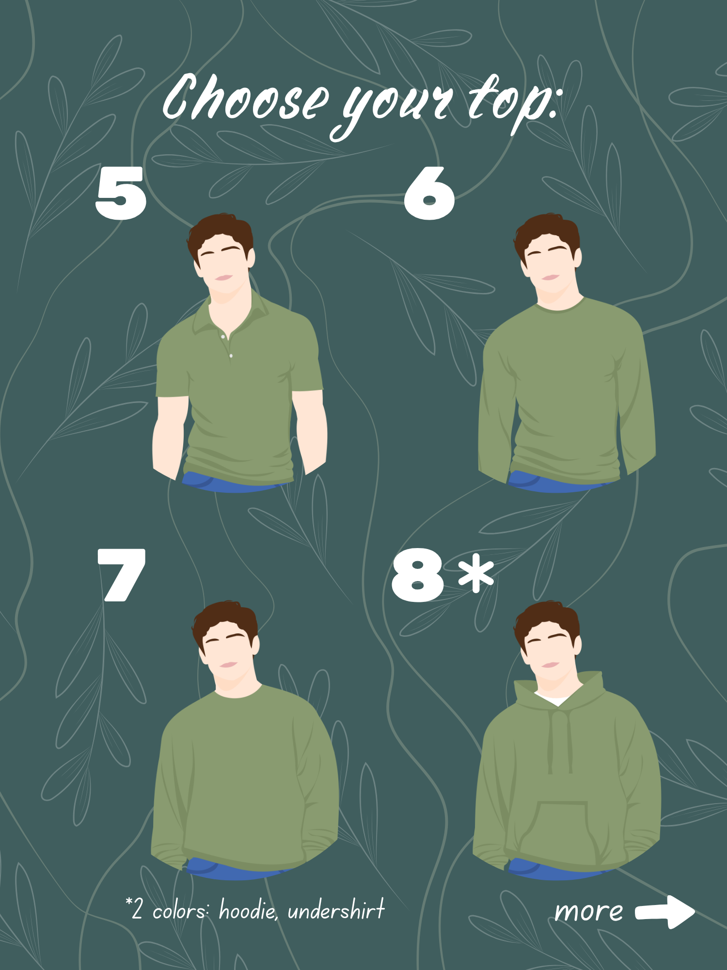 Top options 5–8: short-sleeve polo, fitted long-sleeve shirt, sweatshirt, and hoodie with undershirt.