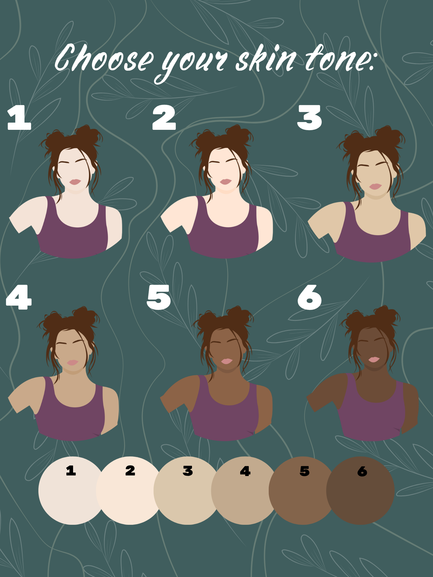 Choose from six skin tones, shown on the same faceless female character from very light to deep brown.
