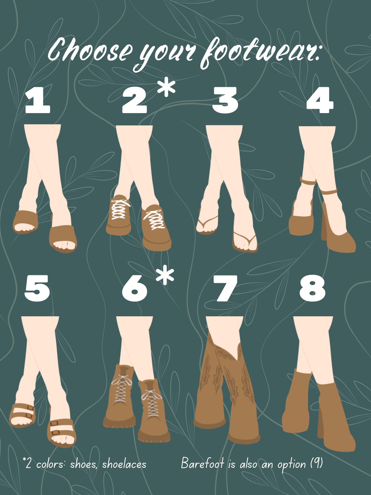 Footwear 1–8: heels, sneakers, flip-flops, Mary Janes, sandals, boots, cowboy boots, and ankle boots. Barefoot is option 9.