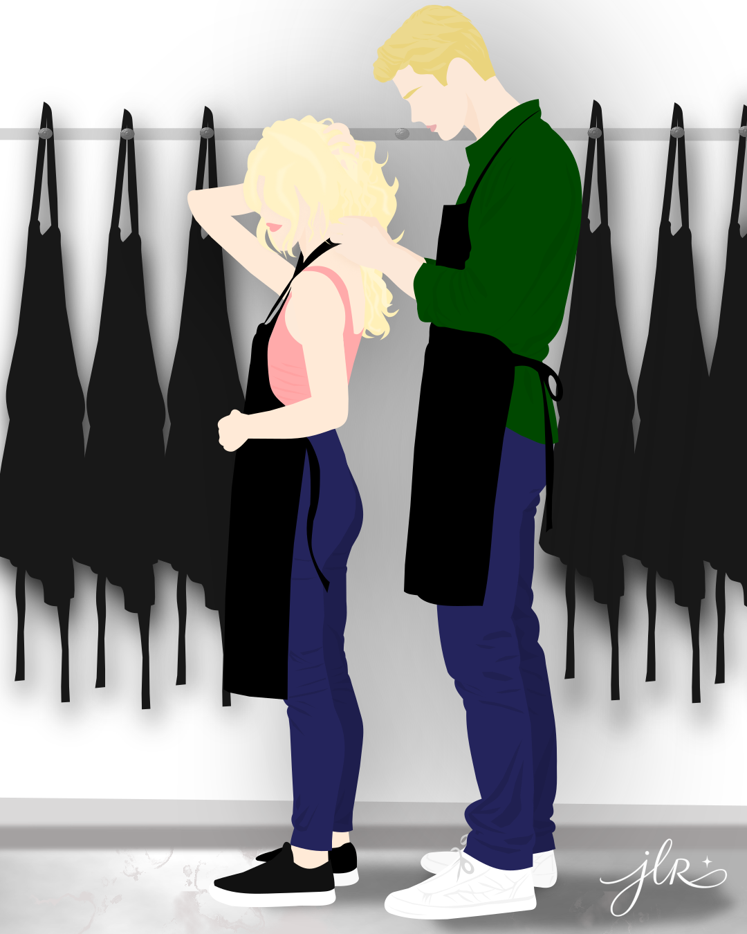 Faceless blond man tying an apron around a blonde woman, with rows of black aprons hanging behind them.