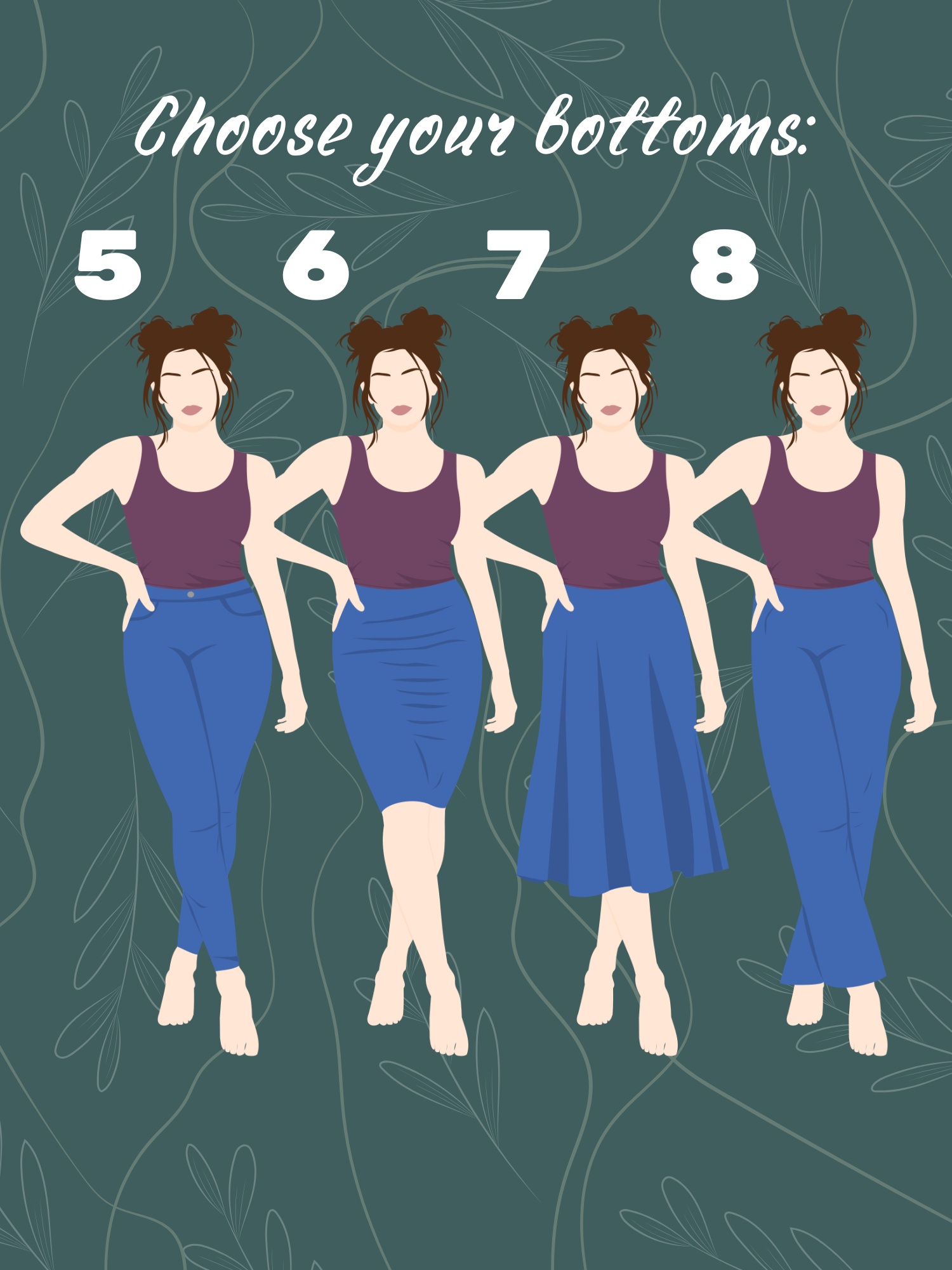 Bottom options 5–8: high-waisted pants, pencil skirt, midi skirt, and slacks.