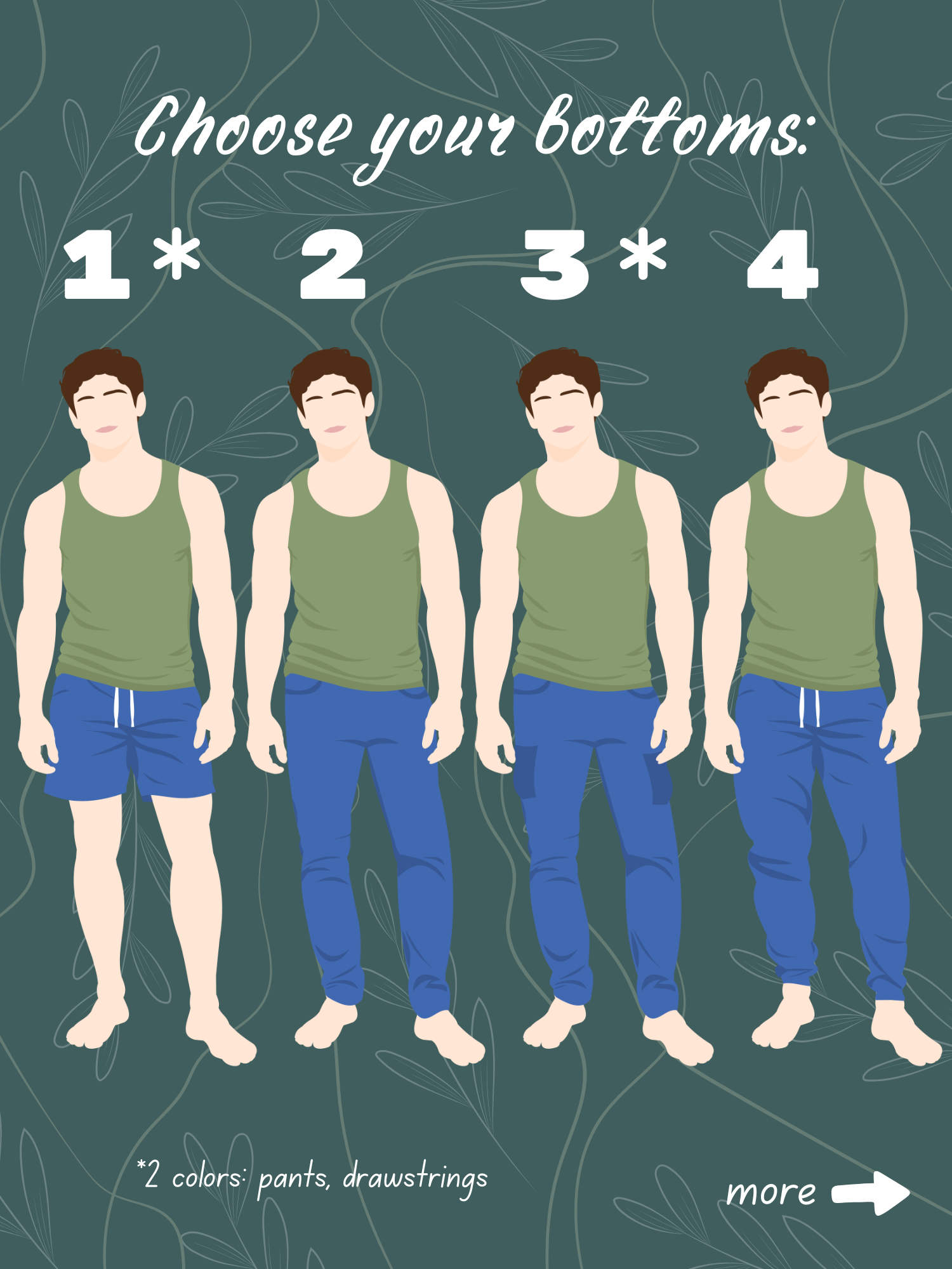 Bottom options 1–4: drawstring shorts, fitted pants, cargo pants, and drawstring joggers.