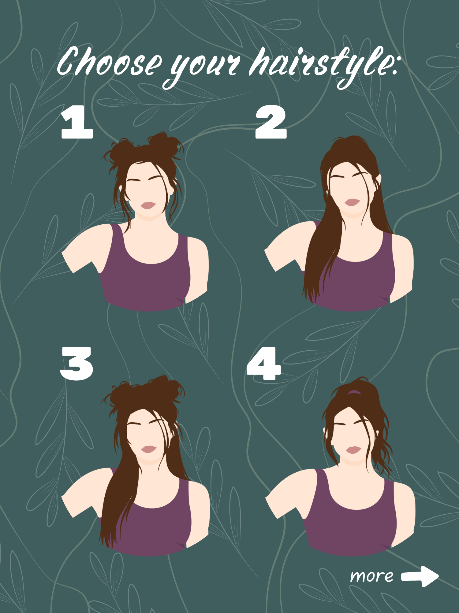 Hairstyles 1–4: double buns, long straight hair, half-up long hair, and a high ponytail with loose strands.
