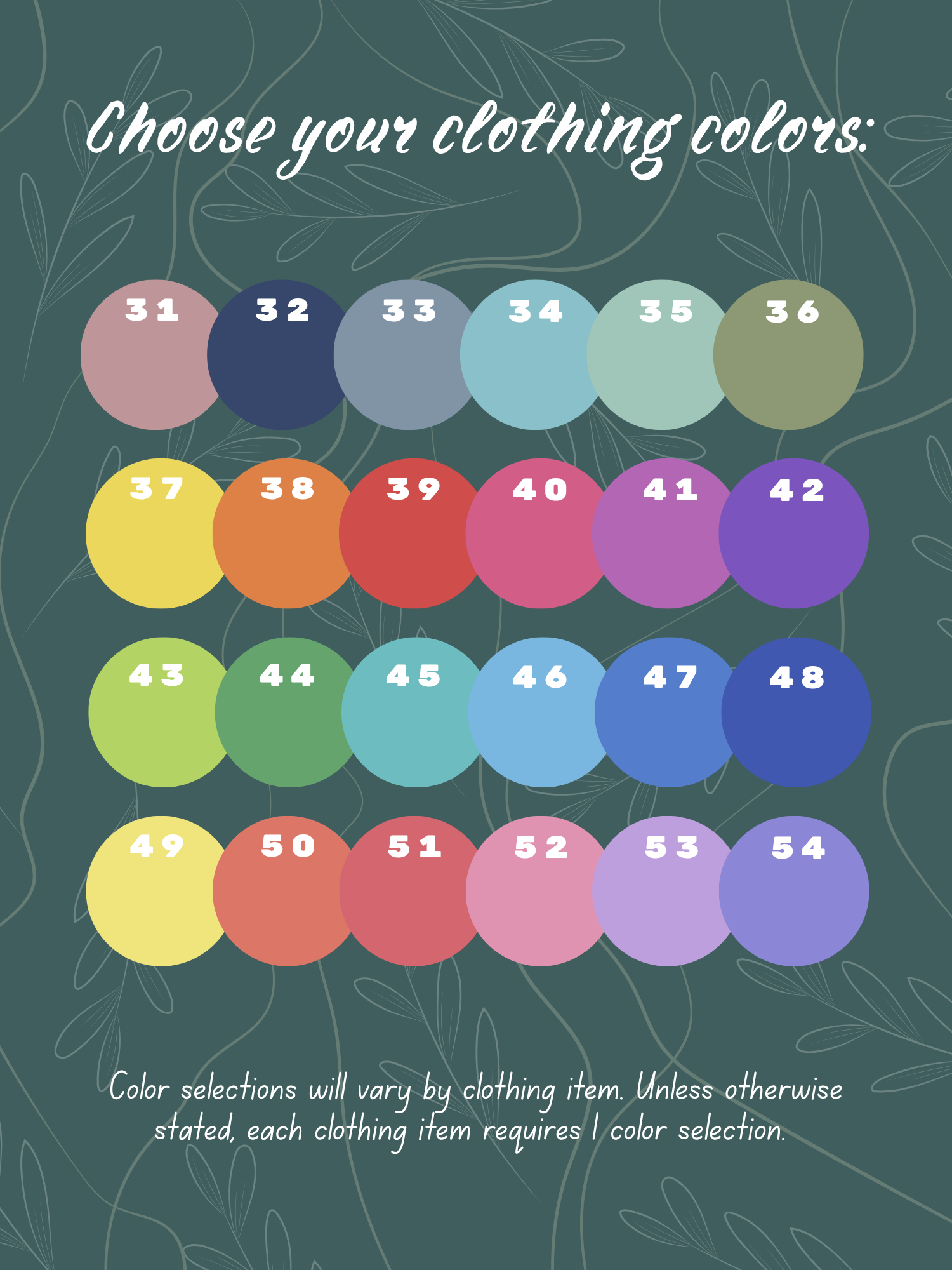 Clothing color chart options 31–54, featuring additional muted and bright shades of pink, yellow, orange, red, purple, green, and blue.