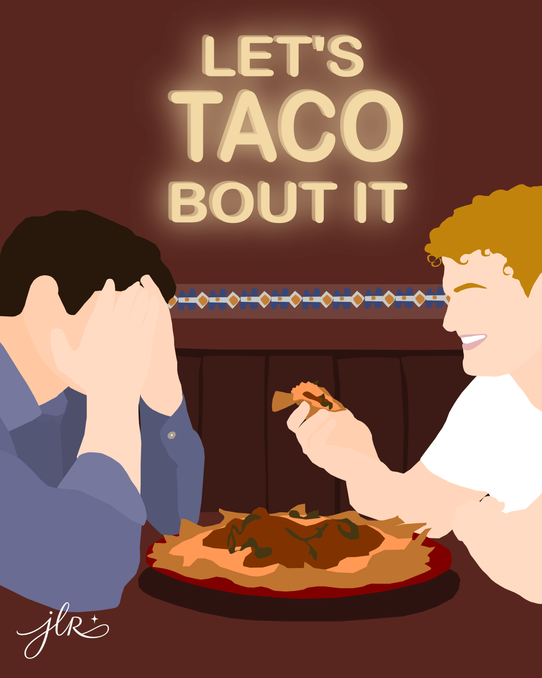 Faceless men eating tacos at a restaurant beneath a glowing “LET’S TACO BOUT IT” sign.