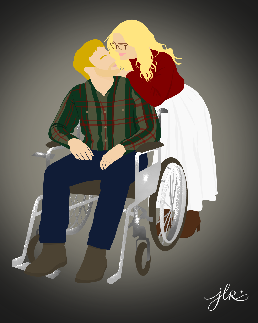 Faceless blonde woman kissing a man seated in a wheelchair against a softly shaded dark background.