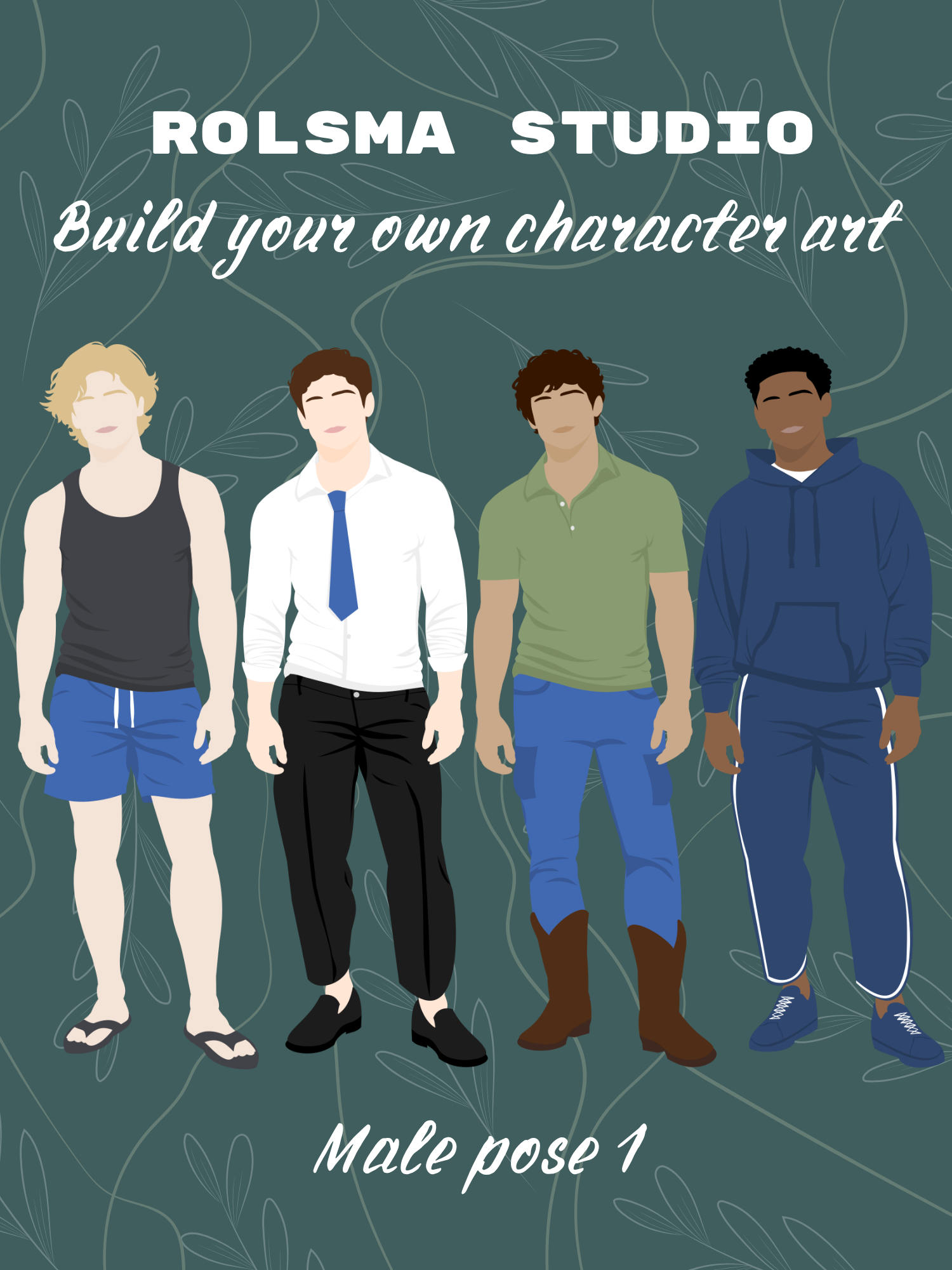 Rolsma Studio build-your-own character art: Male Pose 1 shown with four customizable outfit and hairstyle examples.