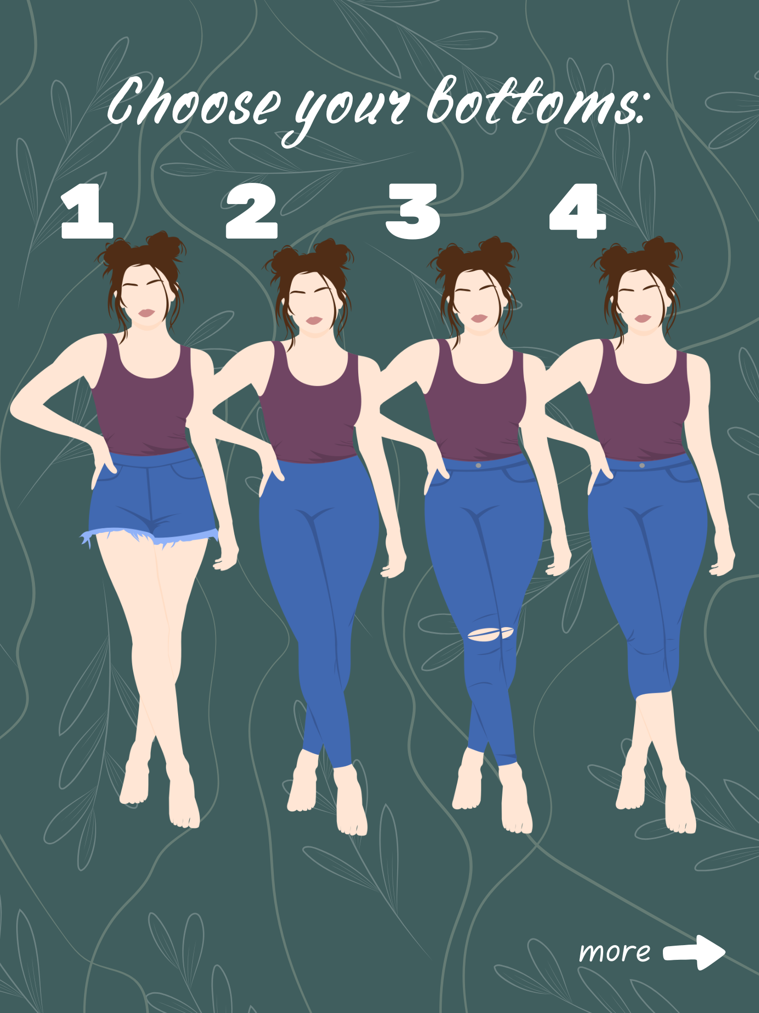 Bottom options 1–4: denim shorts, fitted pants, ripped skinny jeans, and cropped fitted pants.