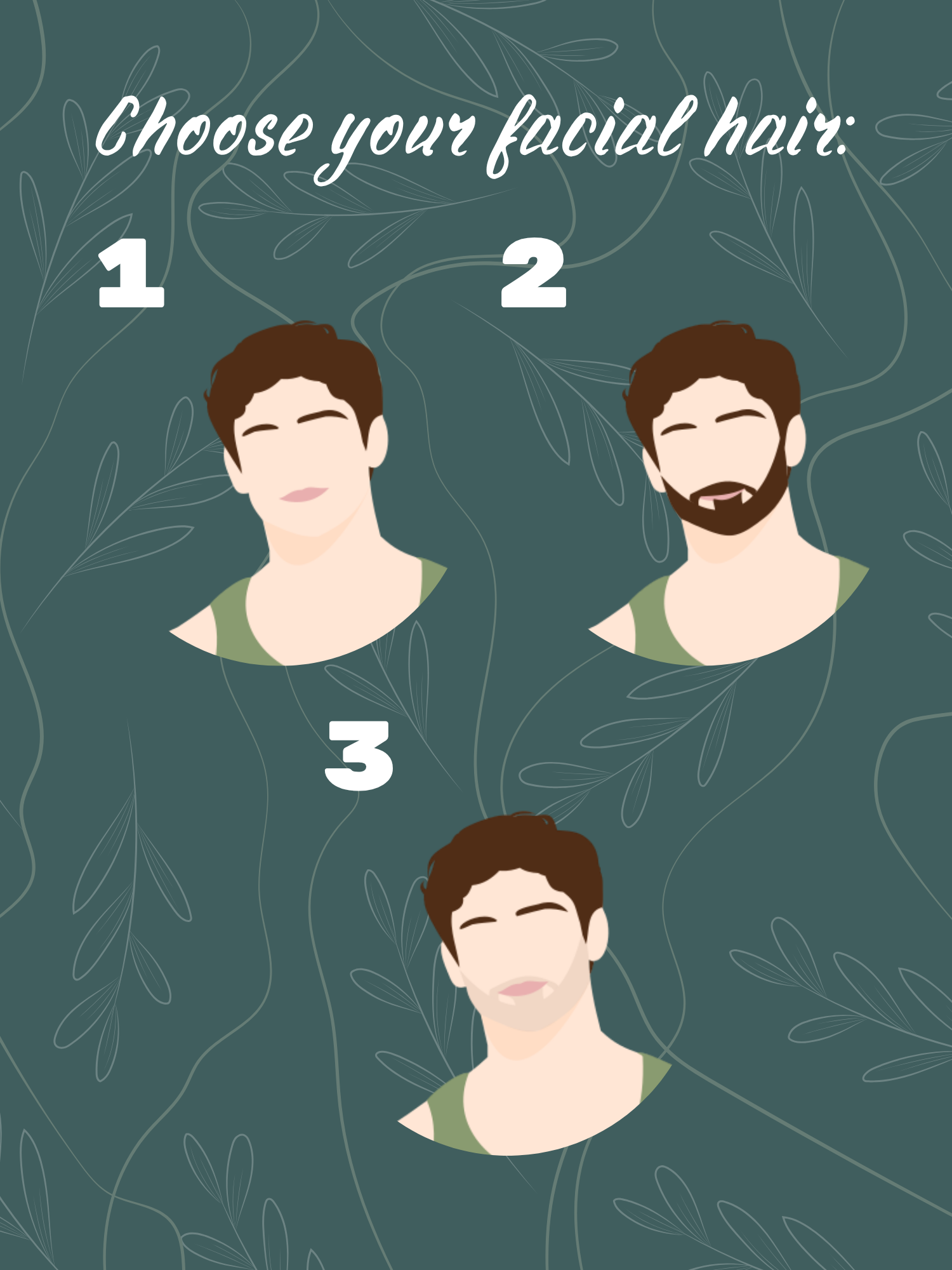 Facial hair options: 1 clean-shaven, 2 full beard and mustache, or 3 beard and mustache scruff.