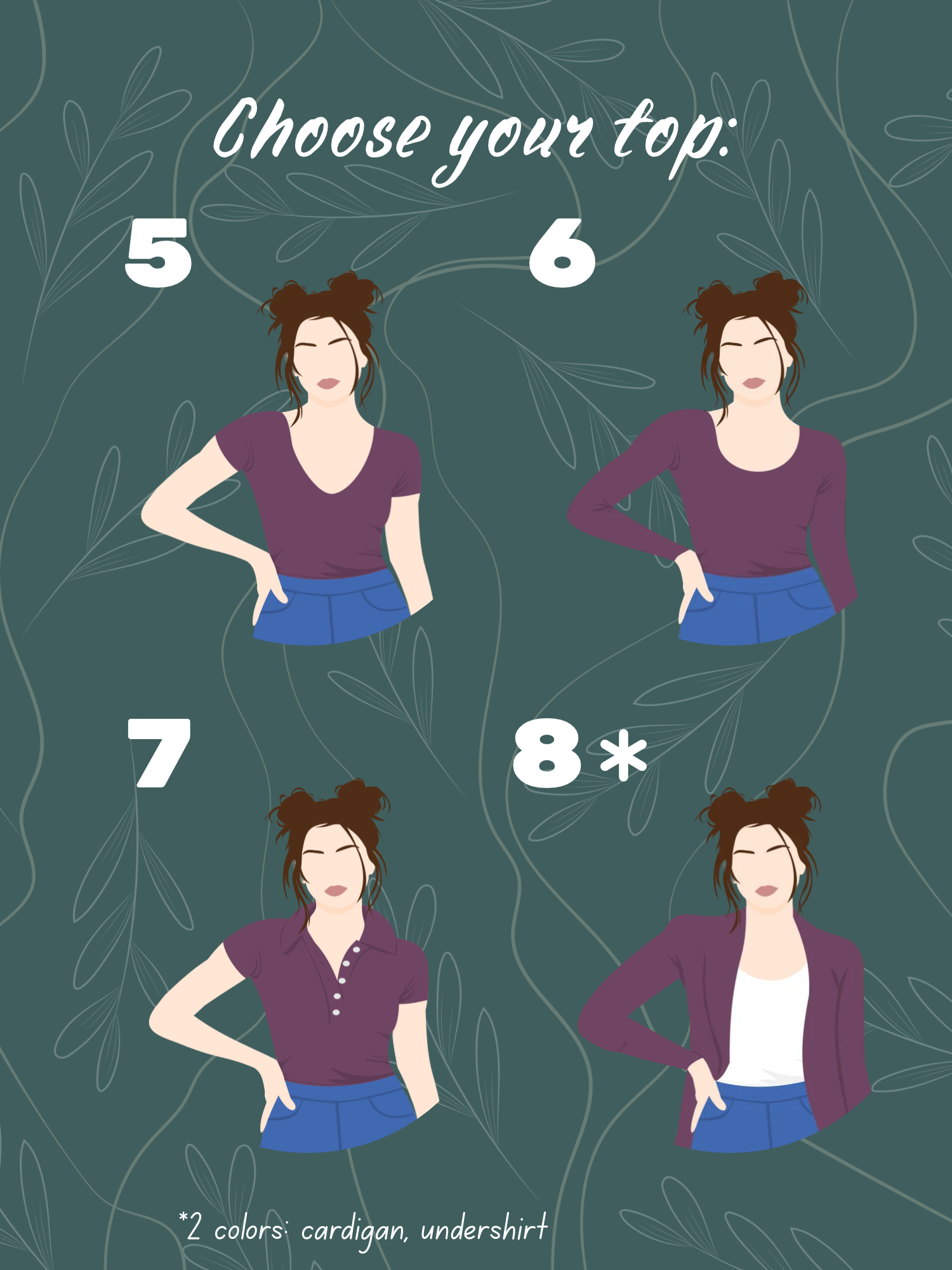 Top options 5–8: V-neck T-shirt, long-sleeve shirt, collared polo, and cardigan with undershirt.