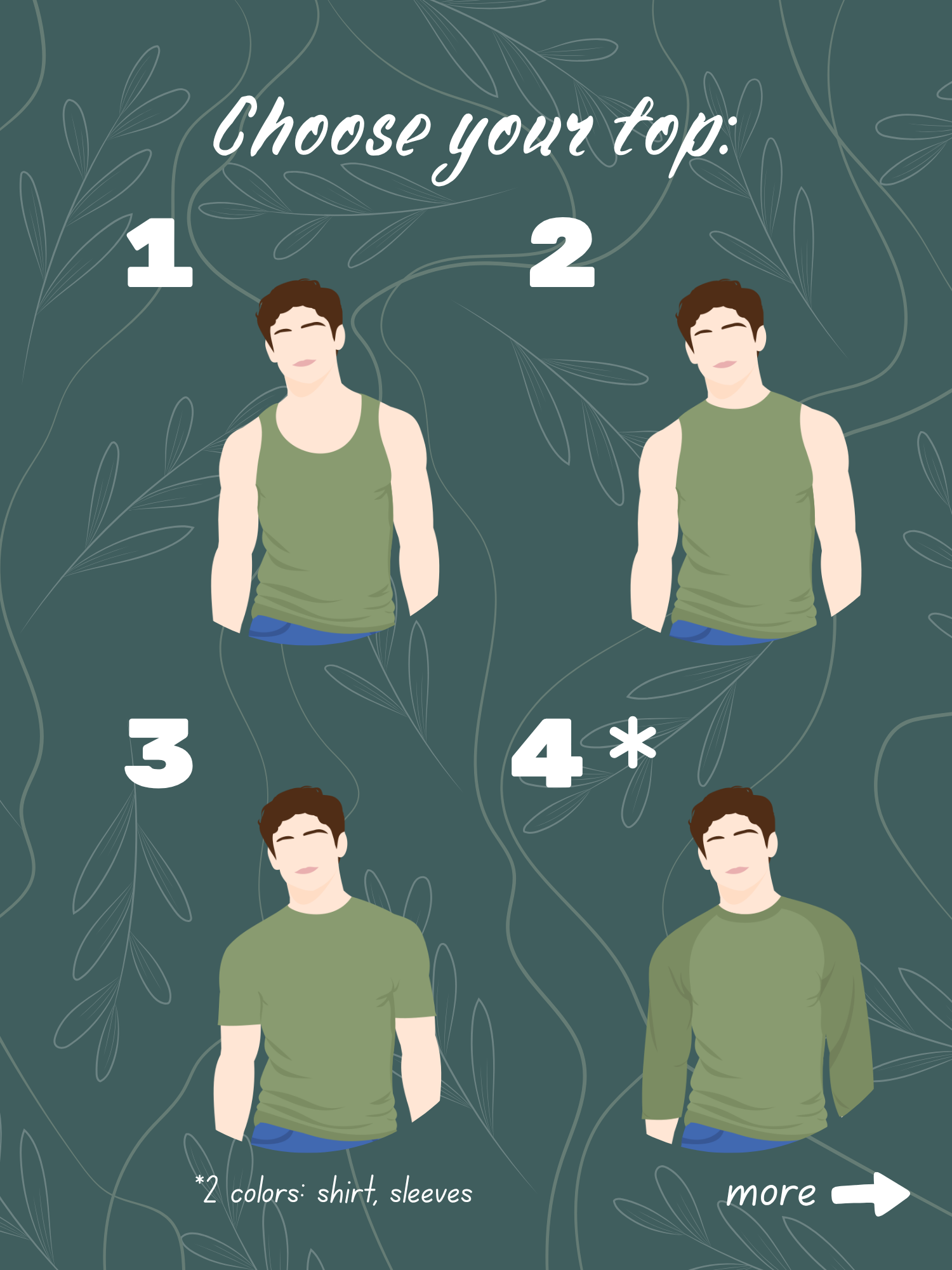 Top options 1–4: tank top, sleeveless crew-neck shirt, short-sleeve T-shirt, and long-sleeve raglan shirt.