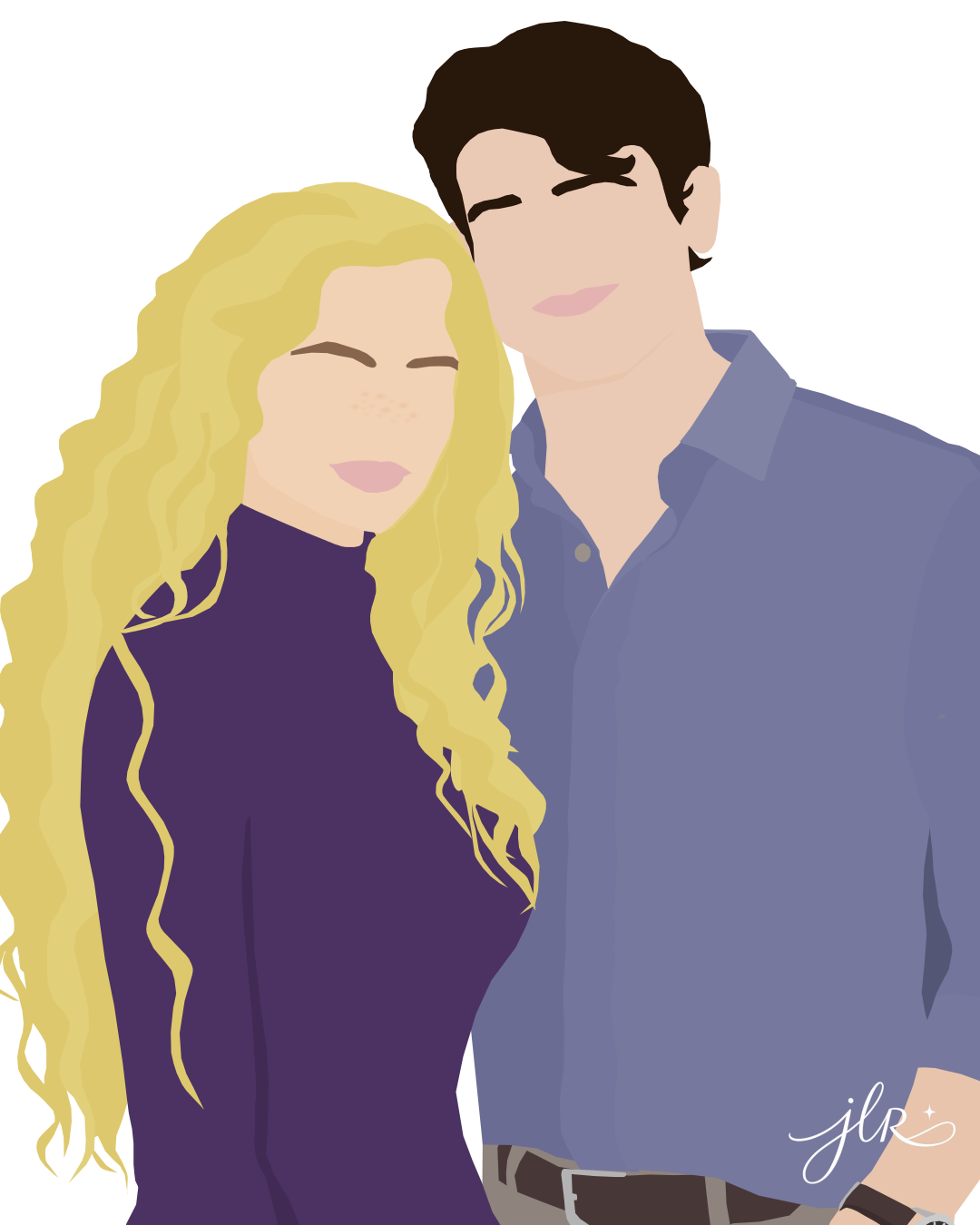 Faceless blonde woman and dark-haired man standing closely together against a white background.