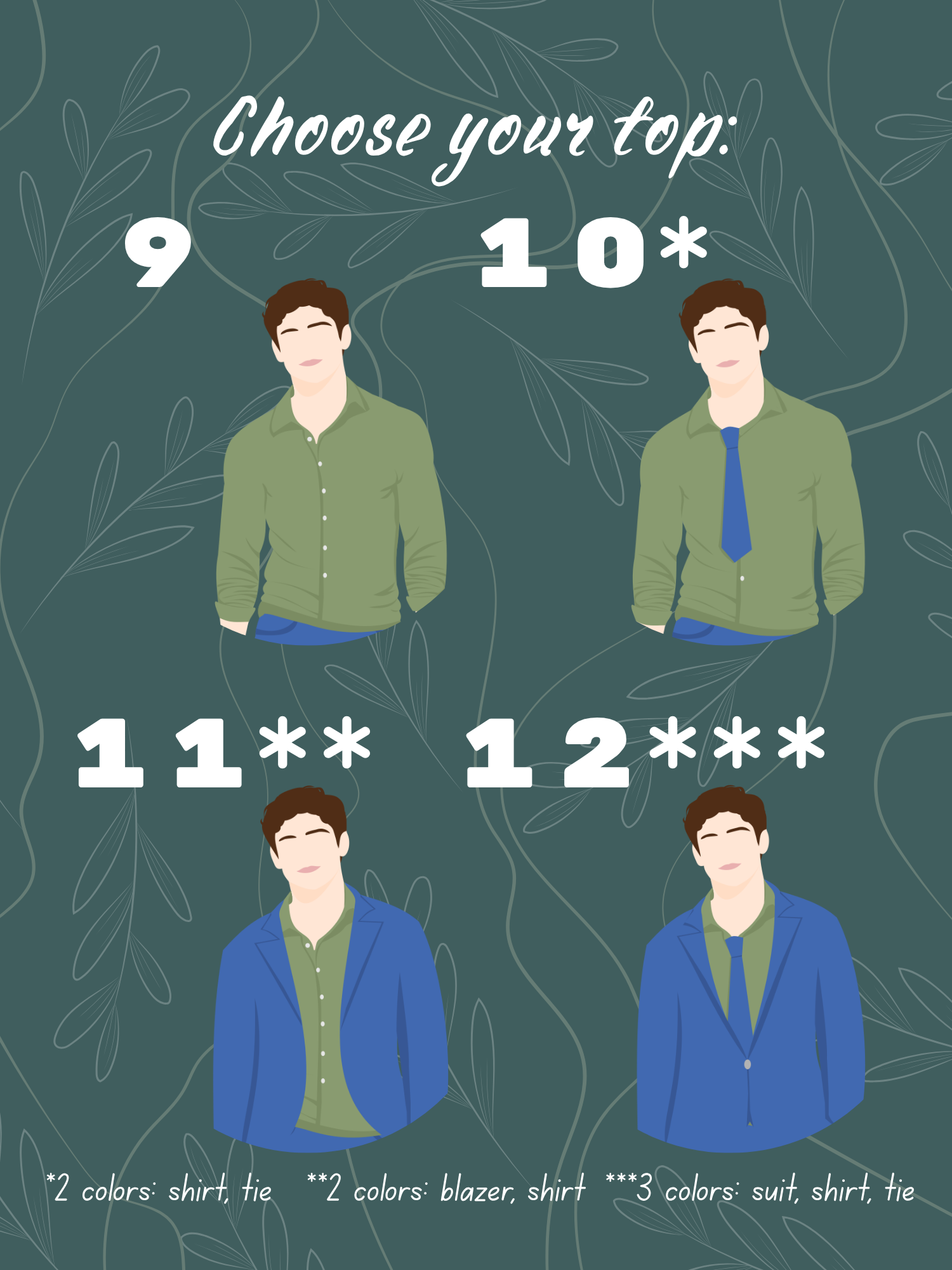 Top options 9–12: button-down shirt, shirt with tie, blazer with shirt, and suit top with shirt and tie.