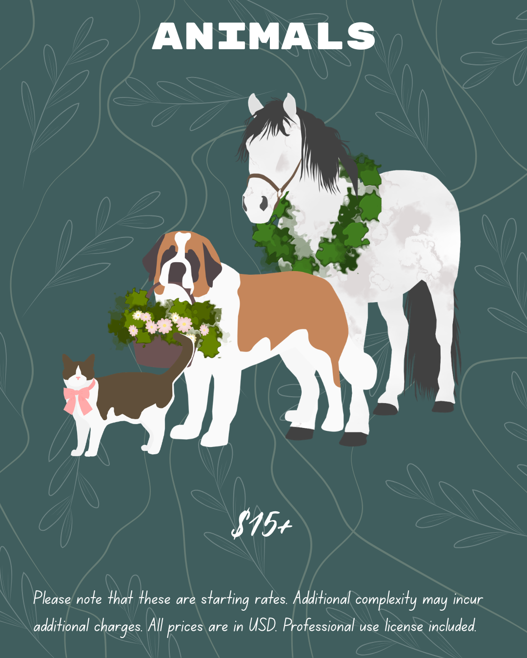 Animal character art starts at $15+ per animal. Professional-use license included.