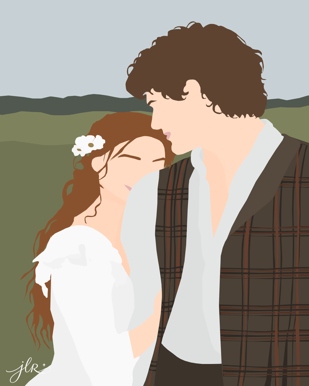 Faceless illustration of a Scottish couple in the Highlands, a dark-haired man in a plaid coat kissing a red-haired woman’s forehead as she smiles, wearing a white dress and a small flower in her hair.