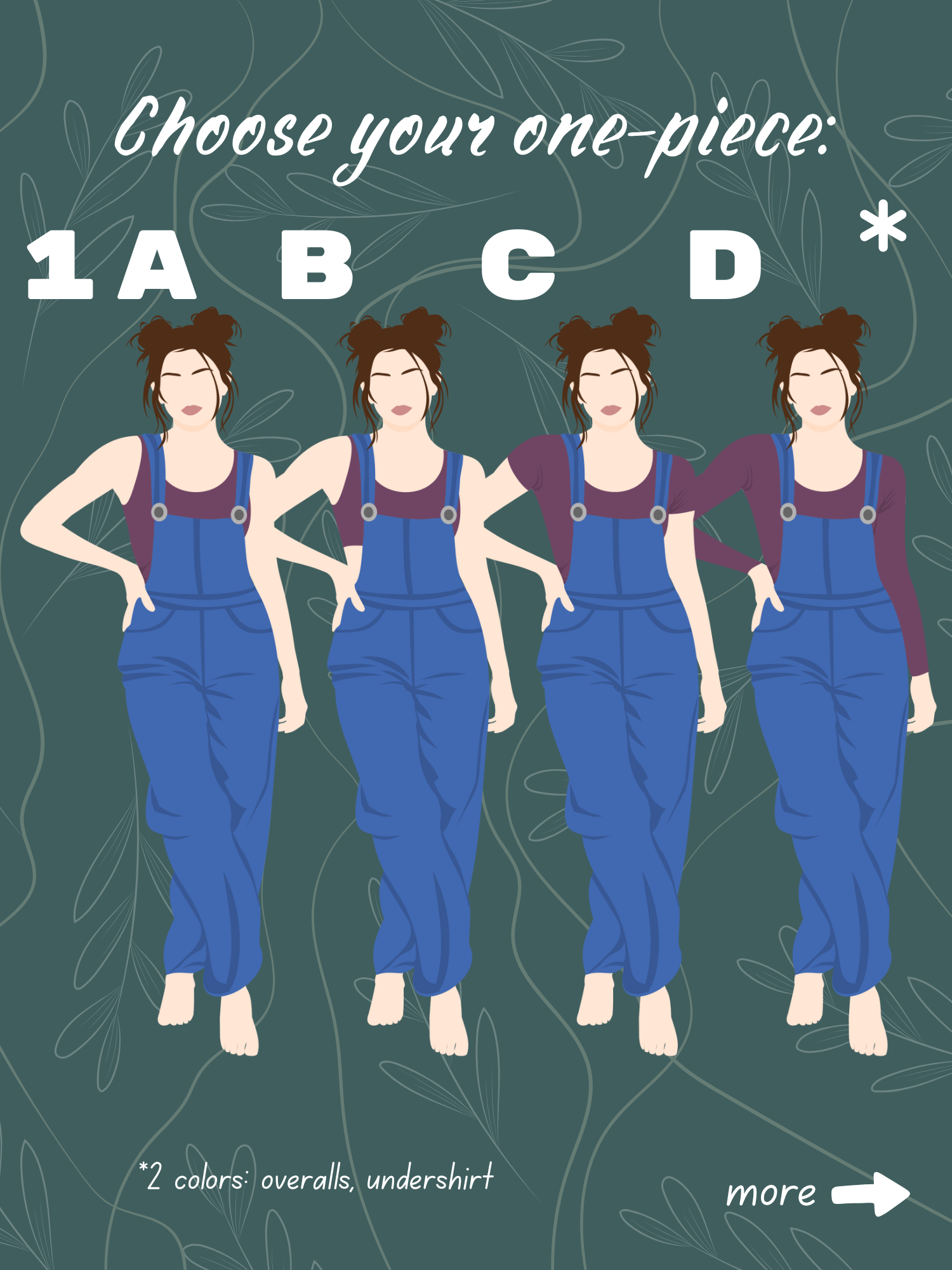 One-piece option 1: overalls with four undershirt choices, including tank, sleeveless, short-sleeve, and long-sleeve tops.