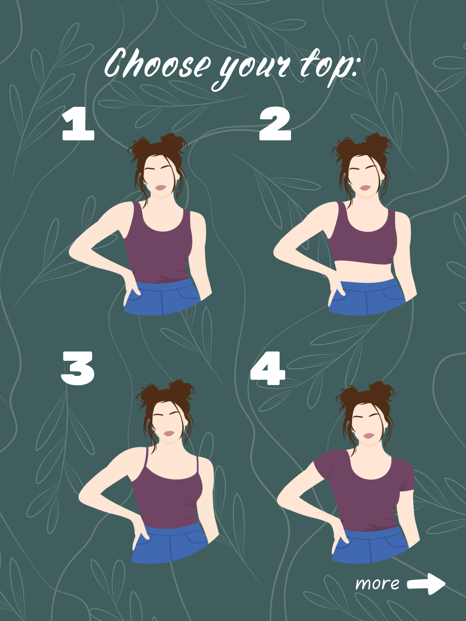 Top options 1–4: tank top, sports bra, camisole, and short-sleeve crew-neck T-shirt.