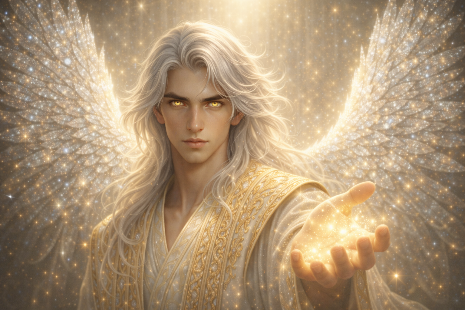 Un être angélique avec de longues cheveux argentés, des yeux dorés, tenant une poussière d'étoiles dans la main, avec des ailes brillantes et une lumière dorée environnante.