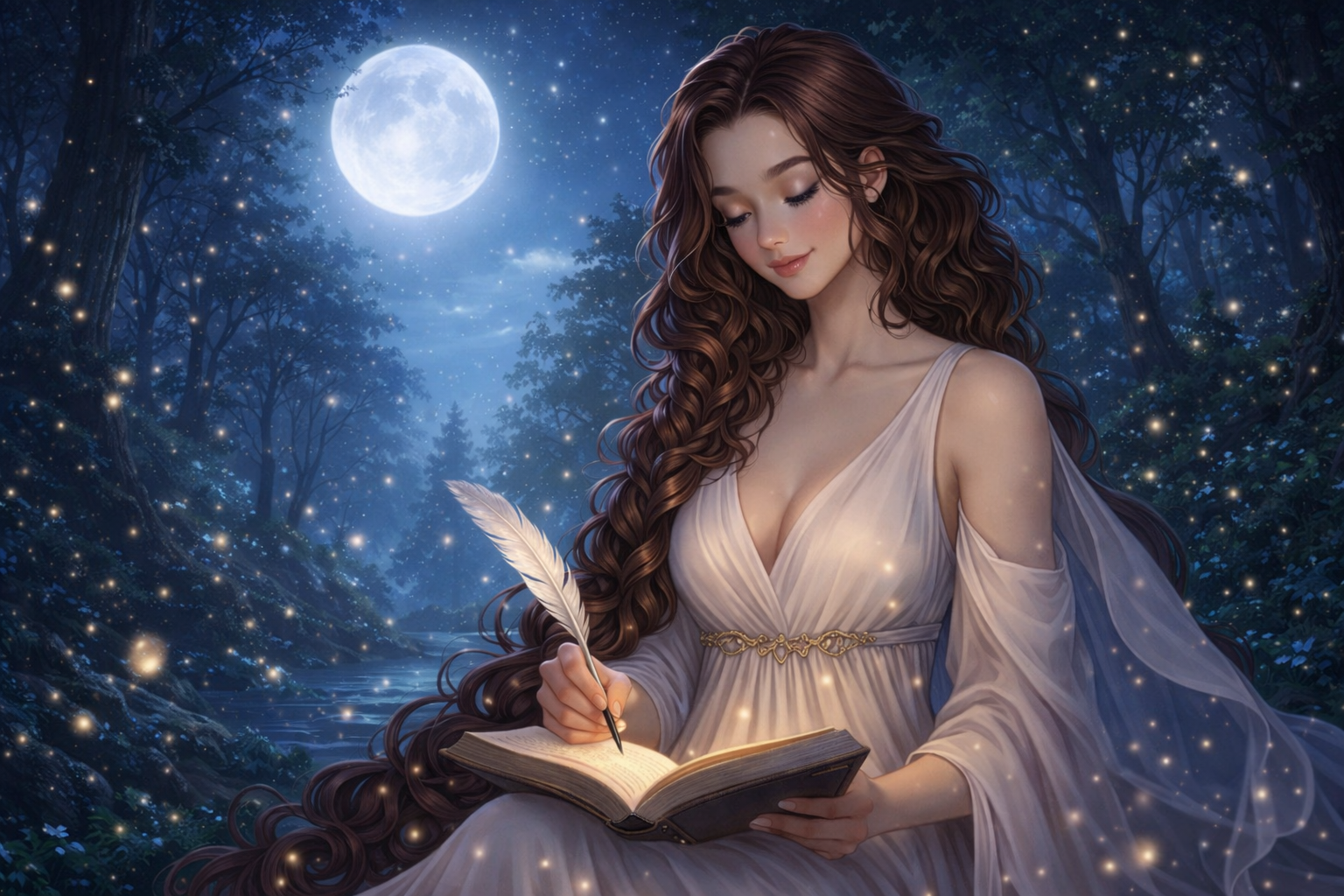 Une jeune femme aux longs cheveux bouclés, portant une robe légère blanche, écrit dans un livre sous la lumière de la lune dans une forêt enchantée avec des lucioles et un ruisseau.