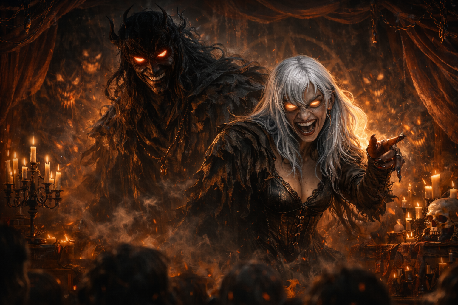 Deux personnages démons avec des yeux brillants et un sourire effrayant, entourés de bougies et de crânes dans un décor sombre et effrayant.