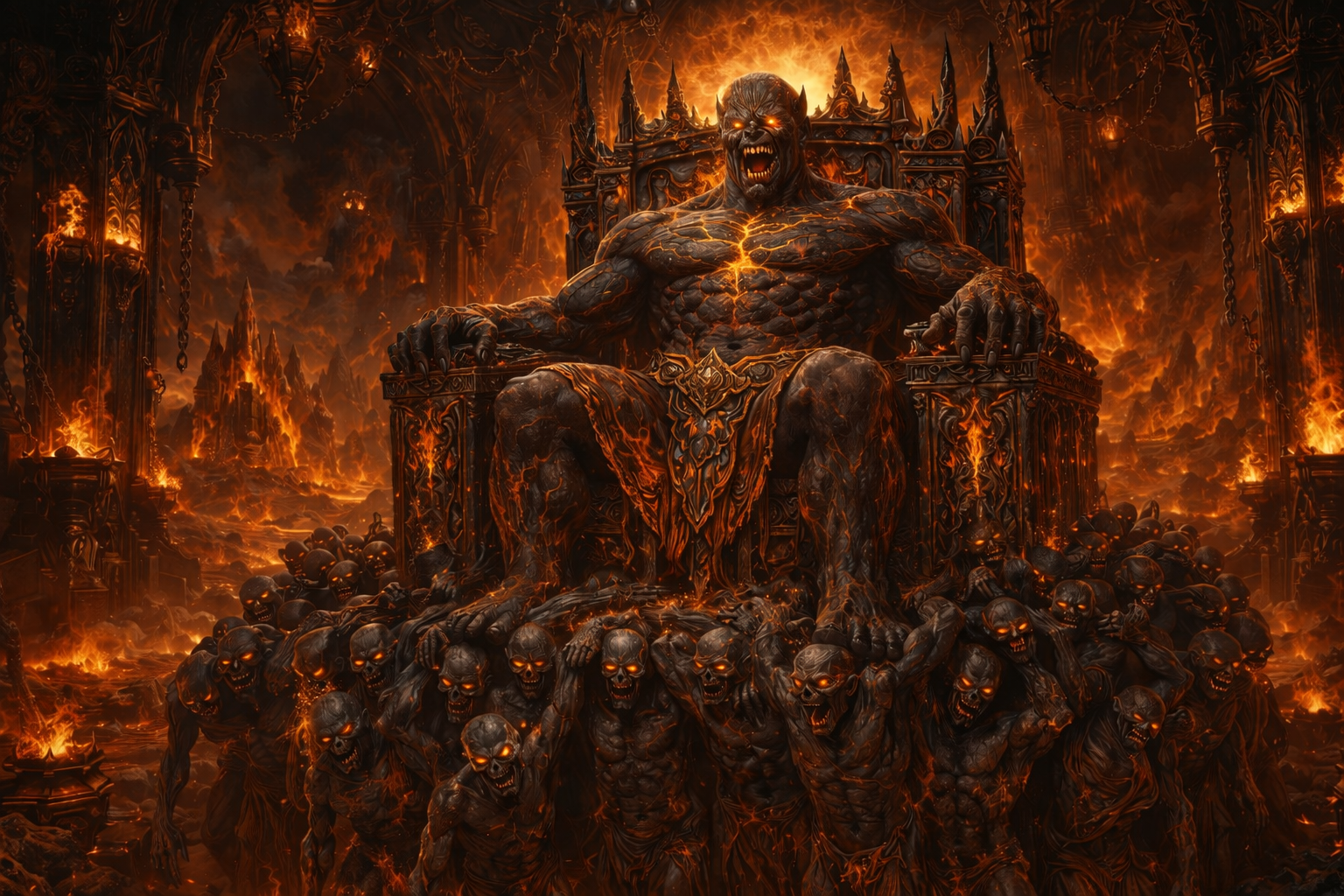 Un démon sombre et puissant assis sur un trône dans un environnement infernal avec des flammes, entouré de corps et de crânes, dans un décor de château du diable.