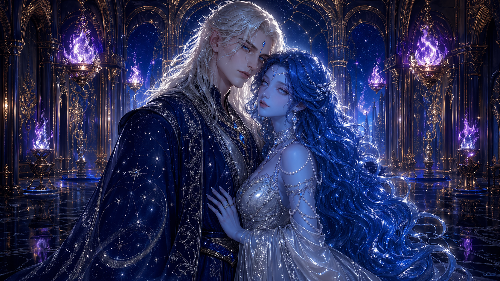 Deux personnages élégants, un homme blond et une femme aux cheveux bleus, dans une salle somptueuse ornée de colonnes dorées et de flammes bleues. La scène a une ambiance mystérieuse et fantastique.