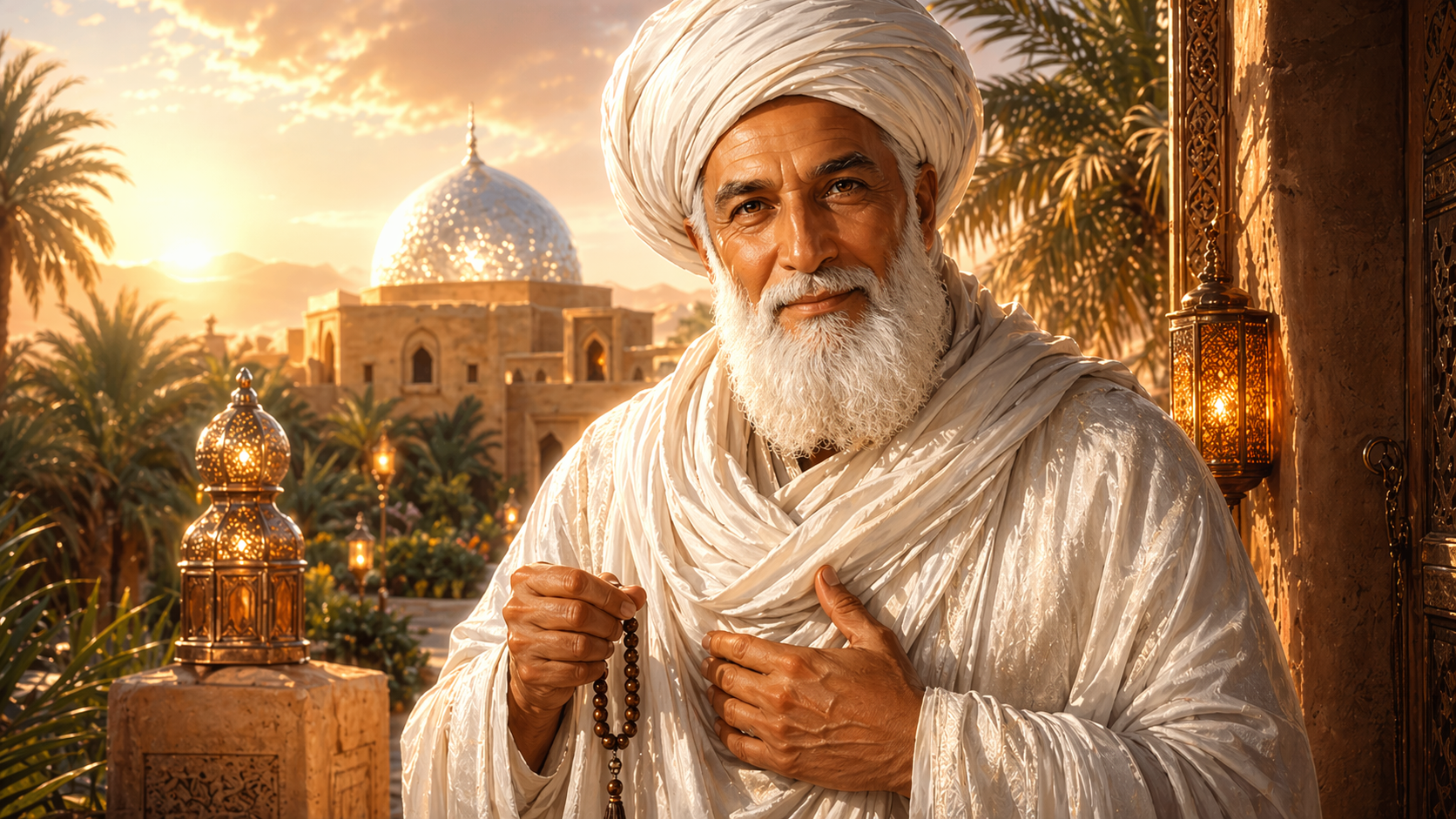 Un homme âgé en vêtements traditionnels blanches tenant un chapelet, avec un fond de coucher de soleil, des palmiers et une architecture islamique avec des dômes.