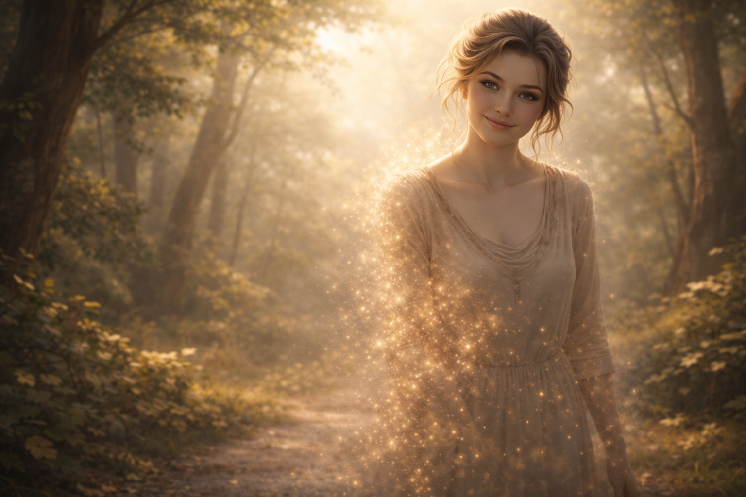 Femme dans une forêt avec une lumière dorée, entourée d'étoiles ou de poussière magique.