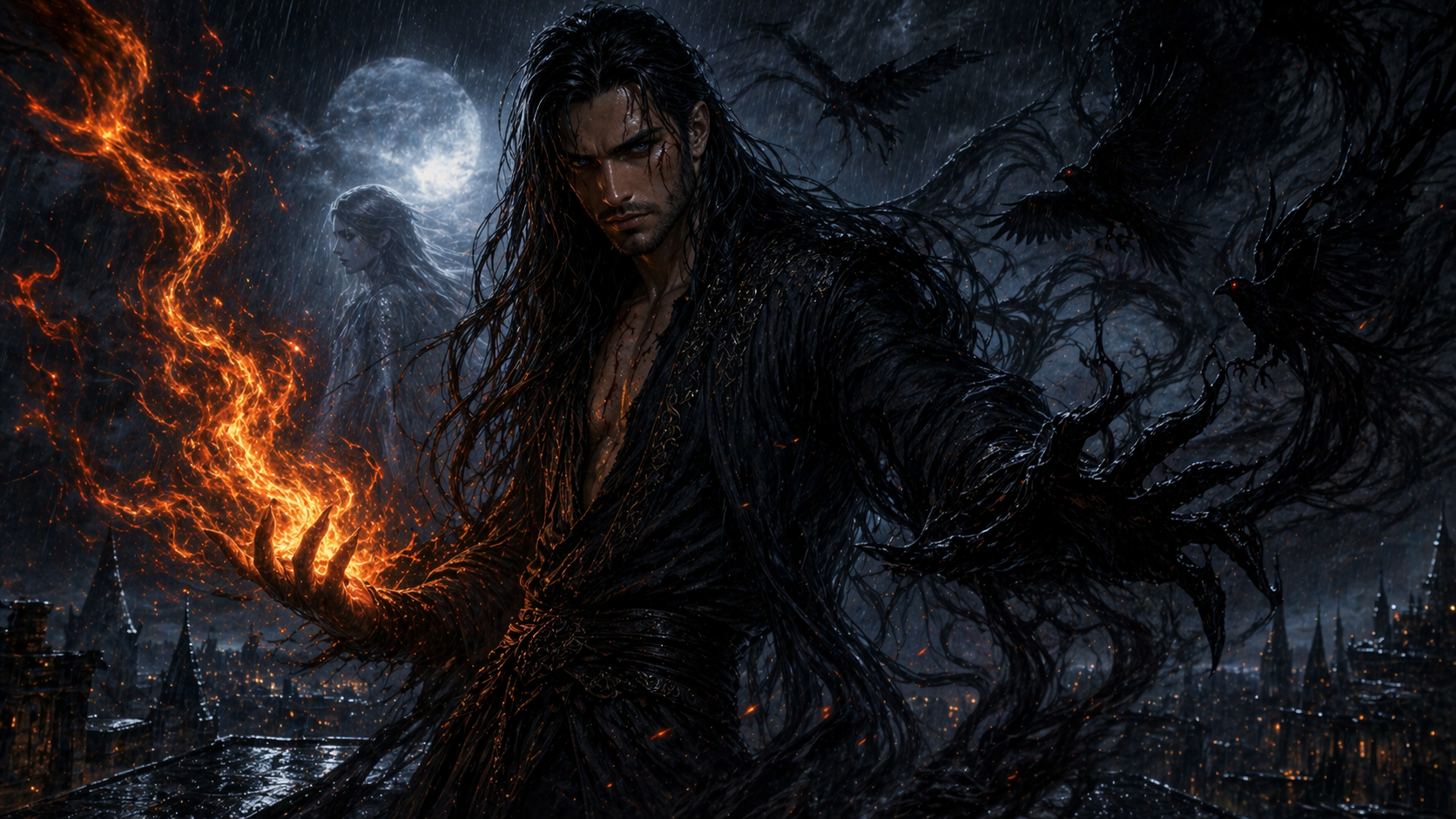 Un homme sombre avec de longs cheveux noirs, tenant une boule de feu dans sa main, entouré de corbeaux noirs, sous une pleine lune, dans une scène nocturne orageuse