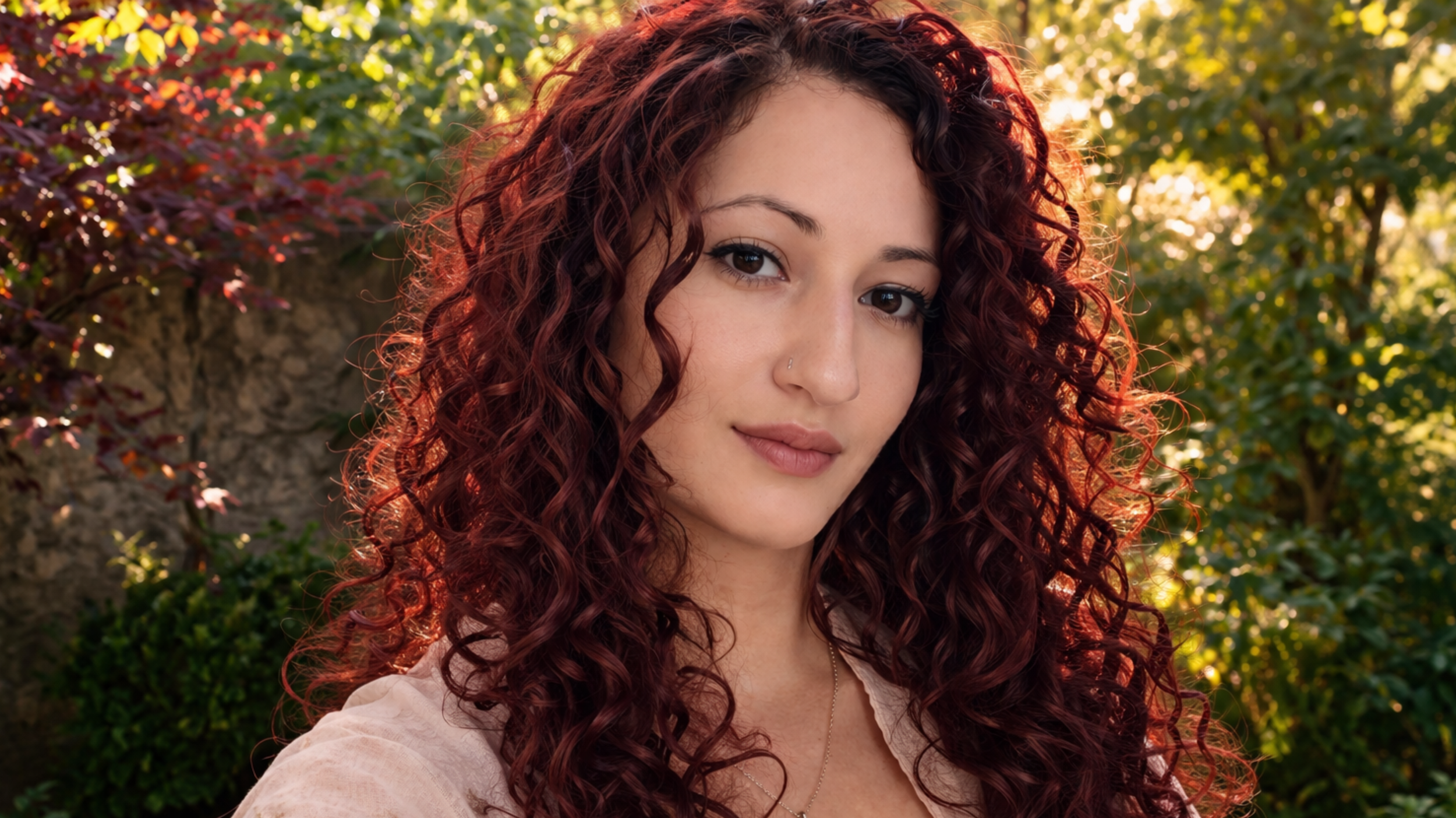 Une jeune femme avec des cheveux bouclés rouges foncés pose en extérieur, en arrière-plan un arbre aux feuilles aux couleurs automnales.