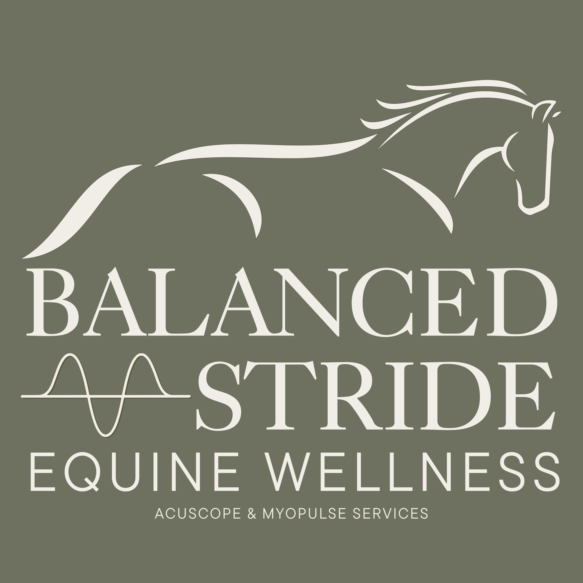 Logo with a stylized horse head and flowing mane, and text that reads 'PALACE BALANCED' and 'AcuScope & MyPulse Services' on a dark green background.